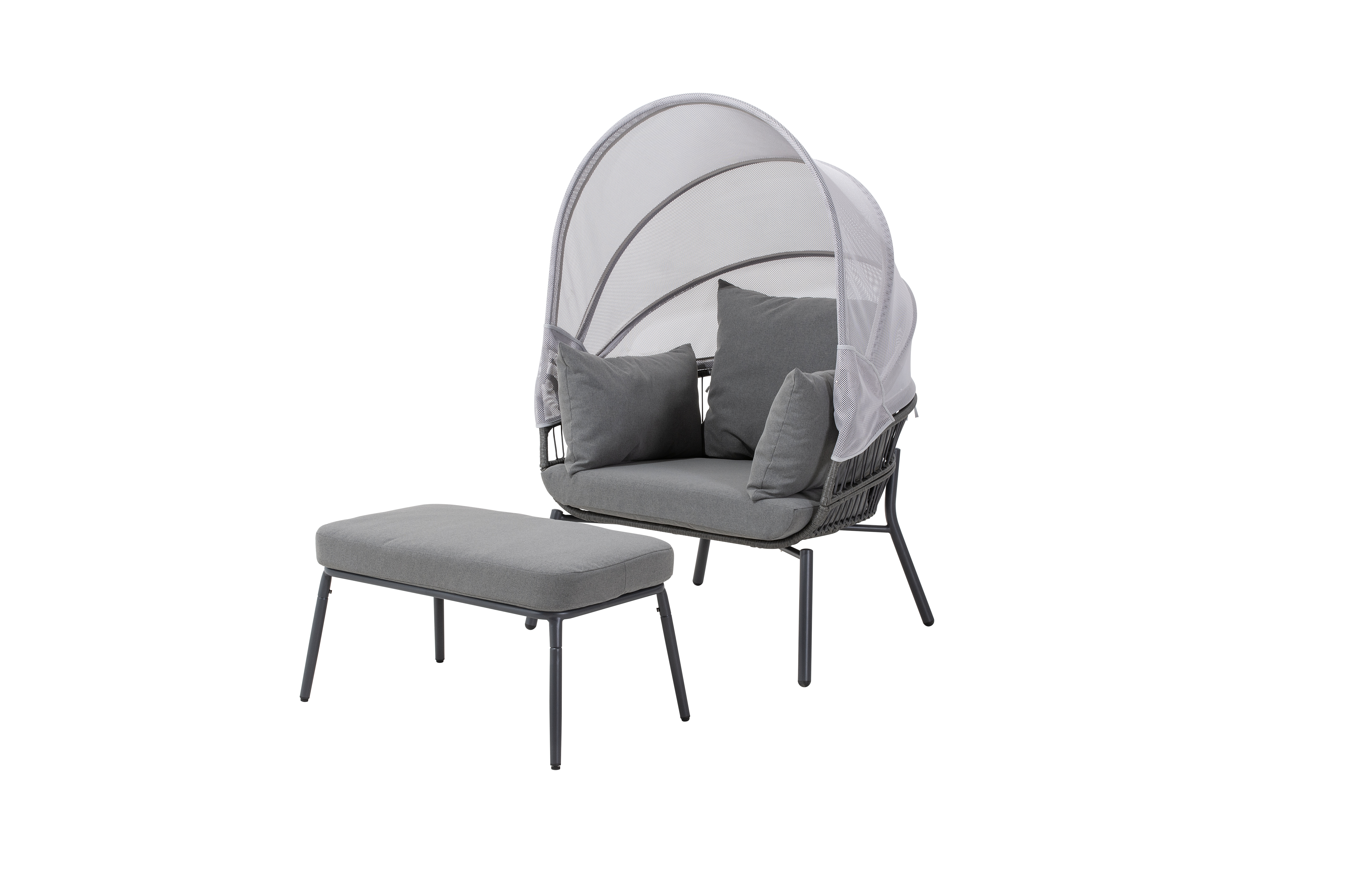 Sessel mit Fußhocker CLARA Grau gepolsterter Stuhl mit Stoffüberdachung und passendem Hocker.