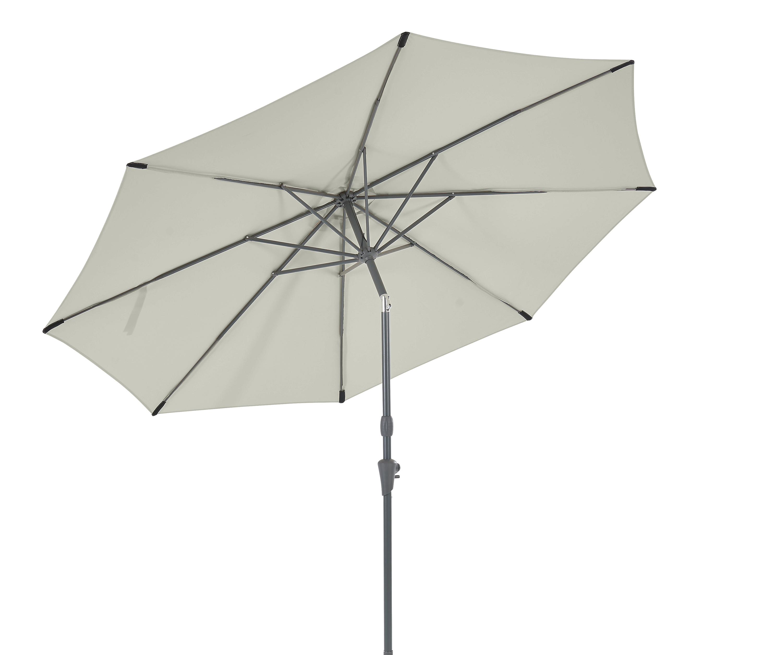 Marktsschirm Ø3m, Anthrazit lichtgrau mit Windschutz und Abknickfunktion Beiger Sonnenschirm mit Metallgestänge und Kurbel auf weißem Hintergrund.