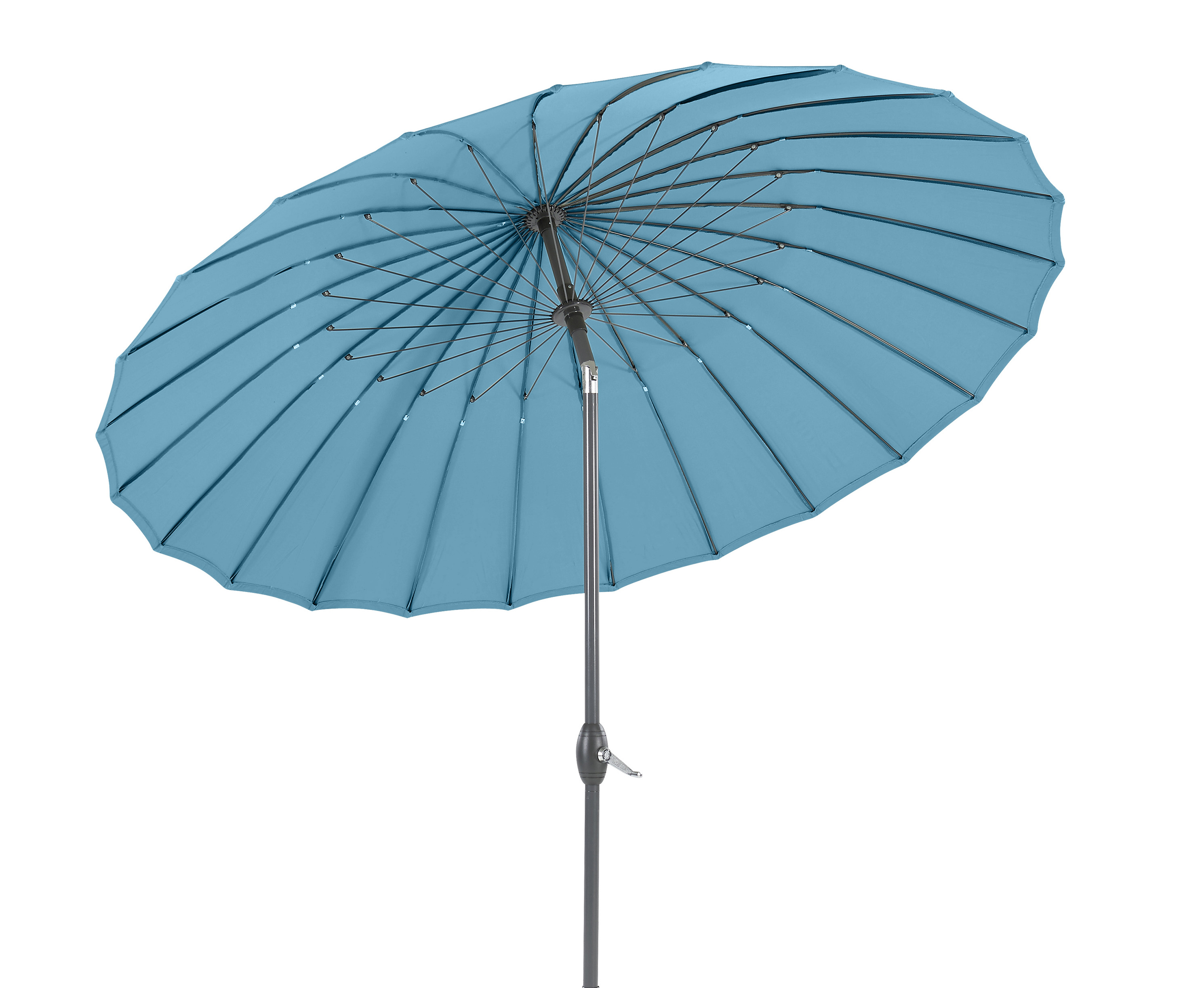 Runder, blauer Sonnenschirm mit silbernem Ständer und Handkurbel.