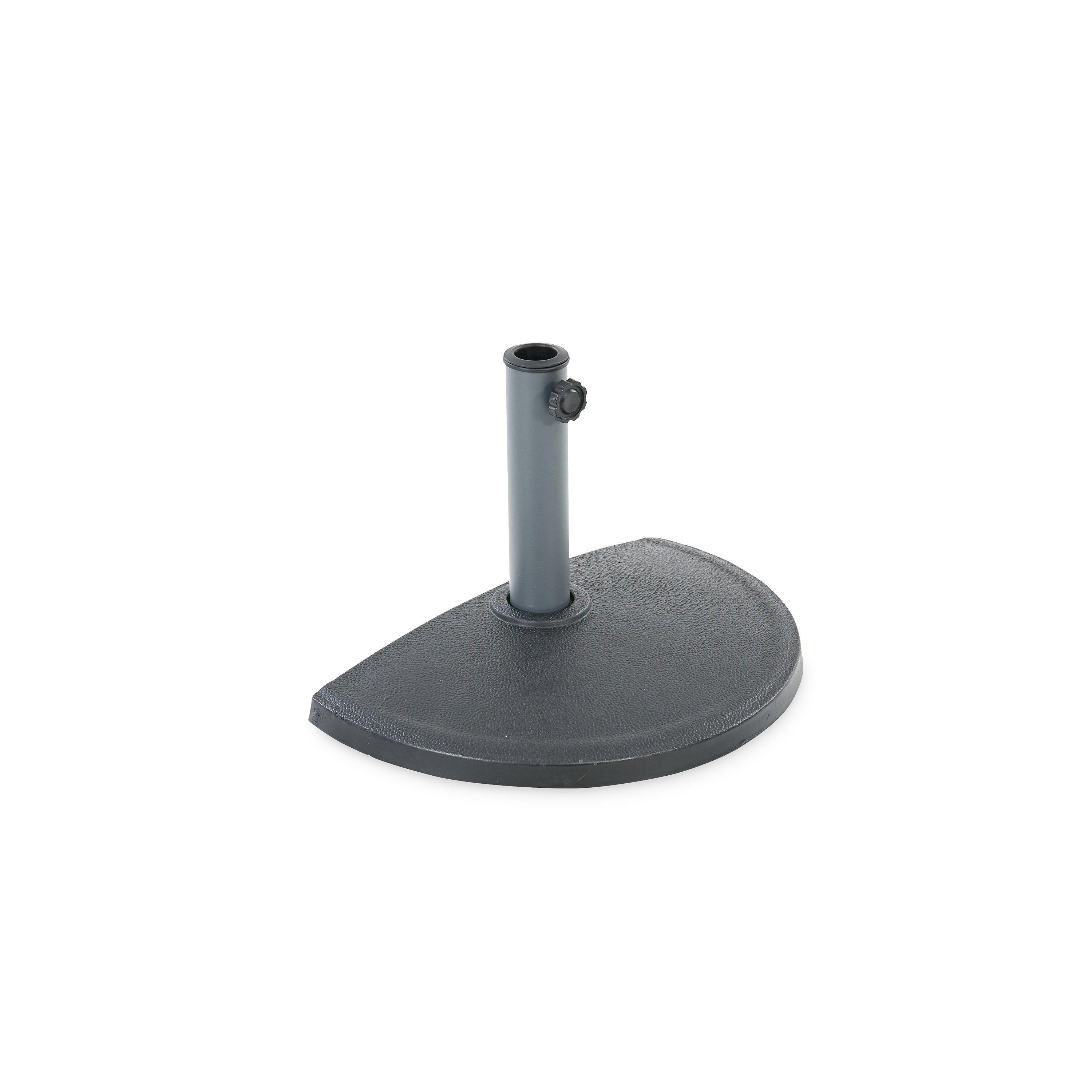 Schirmständer halbrund ca. ø 50cm , Farbe schwarz-anthrazit Halbrunder Sonnenschirmständer aus dunklem Metall mit Rohrhalterung und Feststellschraube.