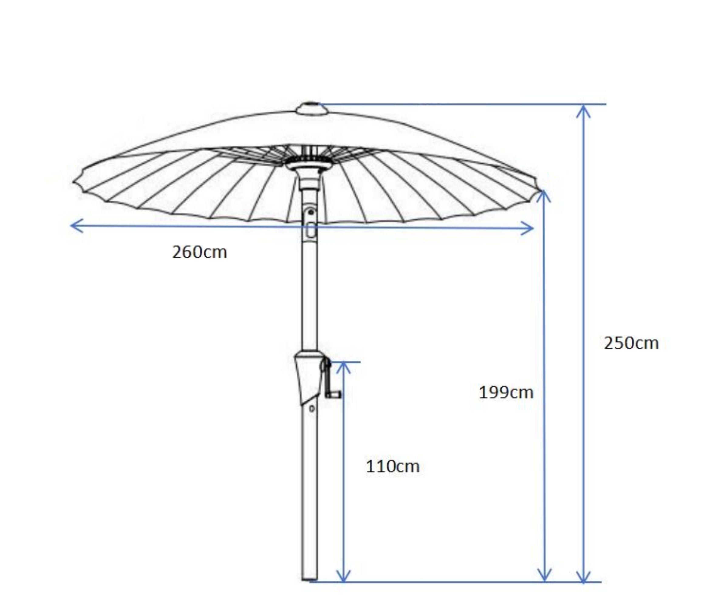 Skizze eines Sonnenschirms mit einer Breite von 260 cm und einer Höhe von 250 cm, Stangensegment 110 cm.