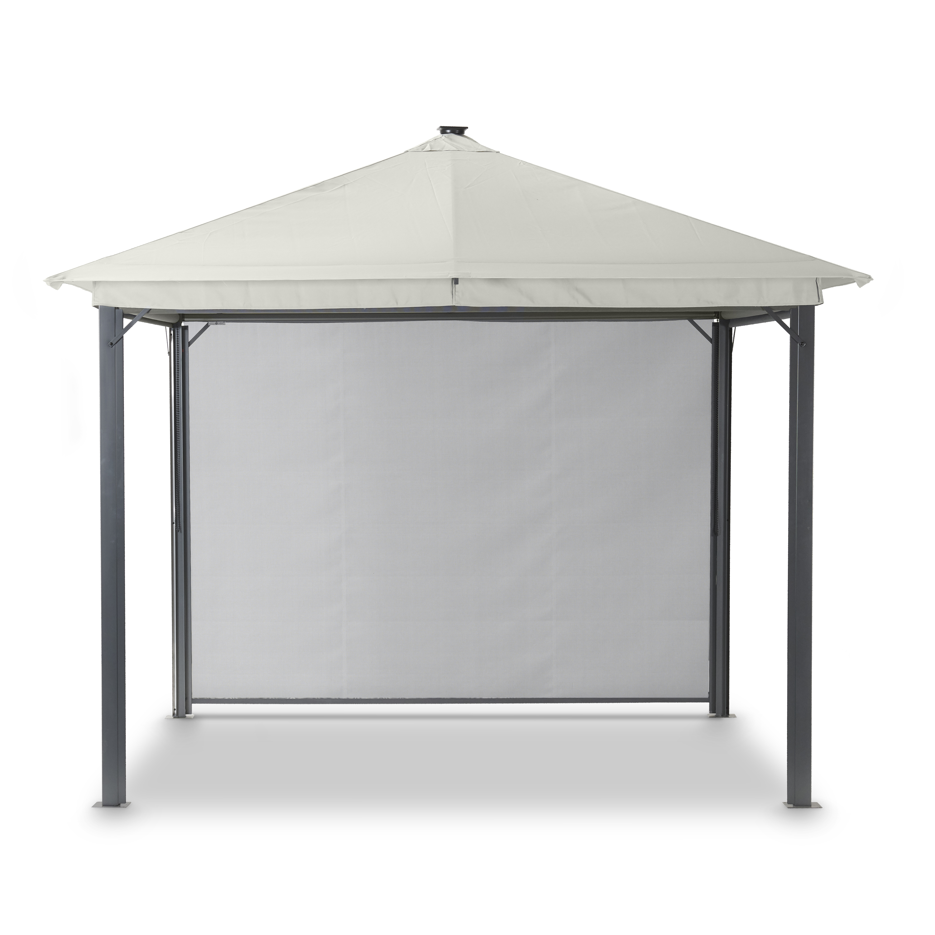 Pavillon mit weißem Stoffdach und dunklen Metallbeinen, im Freien aufgestellt.