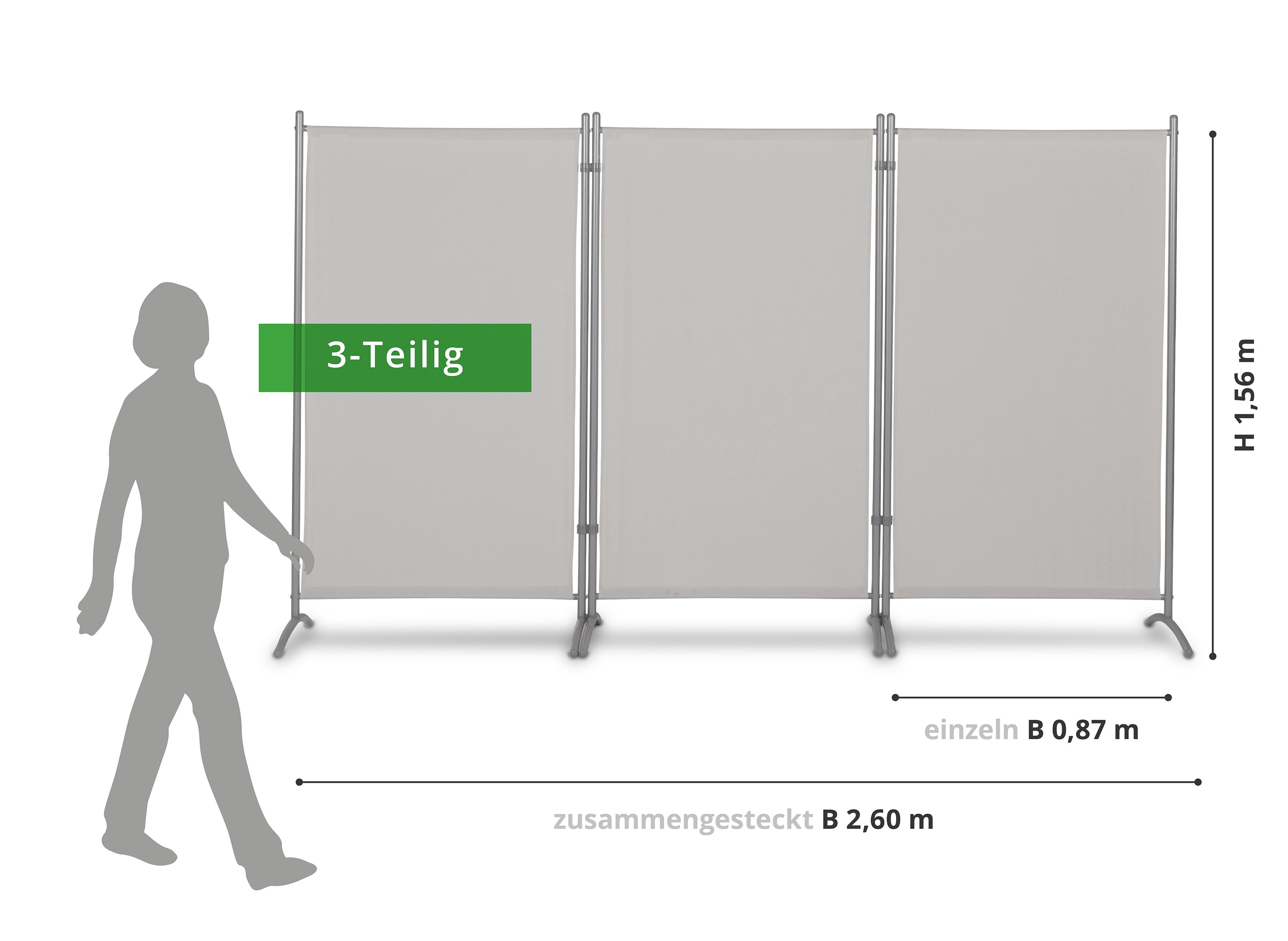 Trennwand, 3-teilig, gesamt Breite 2,60 m, einzeln 0,87 m, Höhe 1,56 m, Silhouette einer Person daneben.