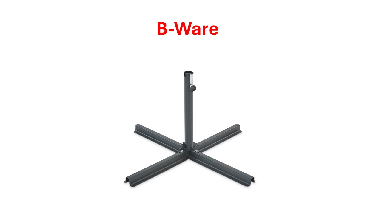 Schwarzer Schirmständer mit kreuzförmigem Fuß. Text 'B-Ware' in Rot oben.