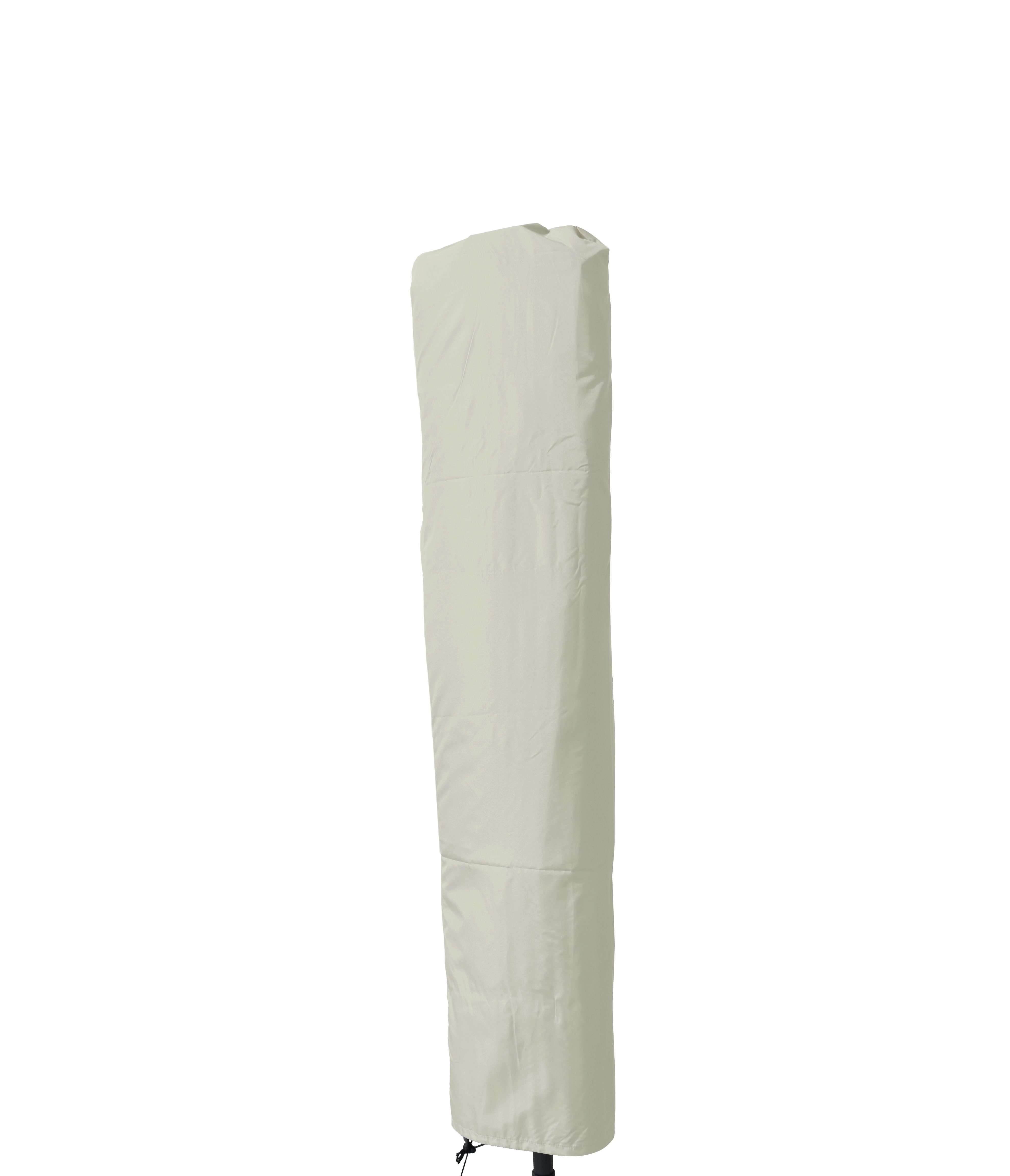 Schutzhülle für Sonnenschirm in hellem Beige, vertikal platziert.