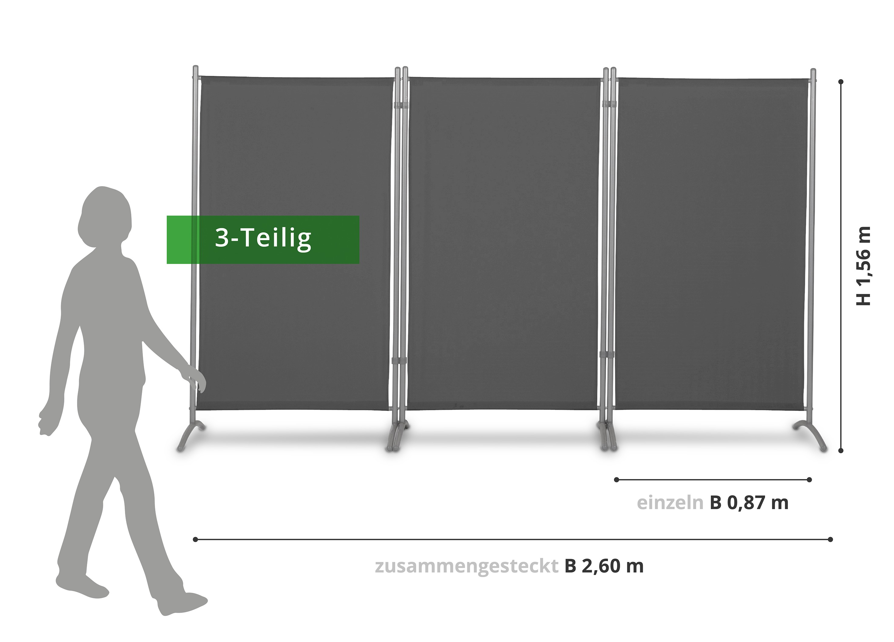 Graue dreiteilige Trennwand, Höhe 1,56 m, Breite zusammen 2,60 m, einzeln 0,87 m, mit Silhouette einer Person.