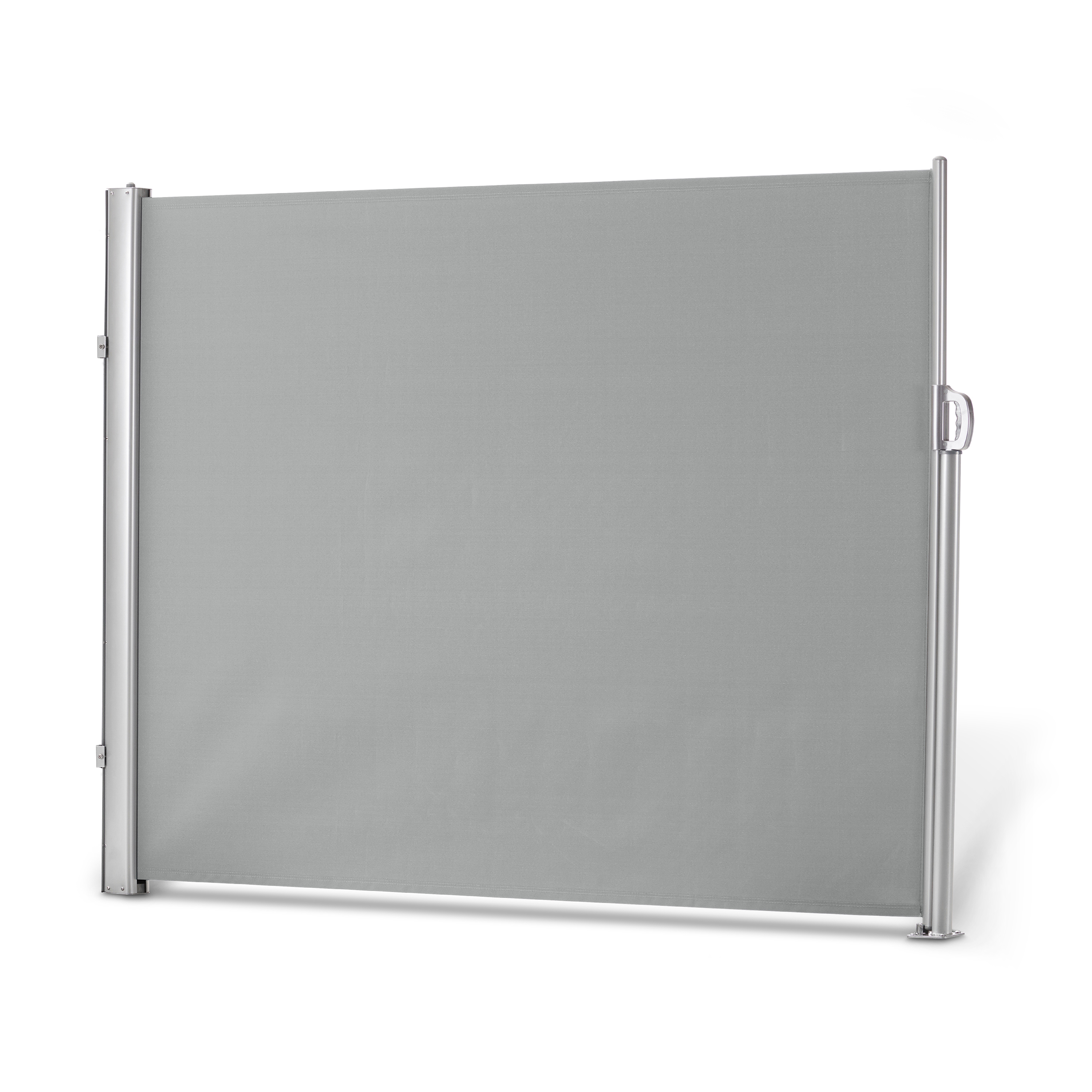 Seitenmarkise 1,8x3 m lichtgrau, Aluminium-Stahlrohr-Mix Grauer Sichtschutz mit Metallrahmen und Griff auf einer Seite. Rechteckige Form, freistehend.