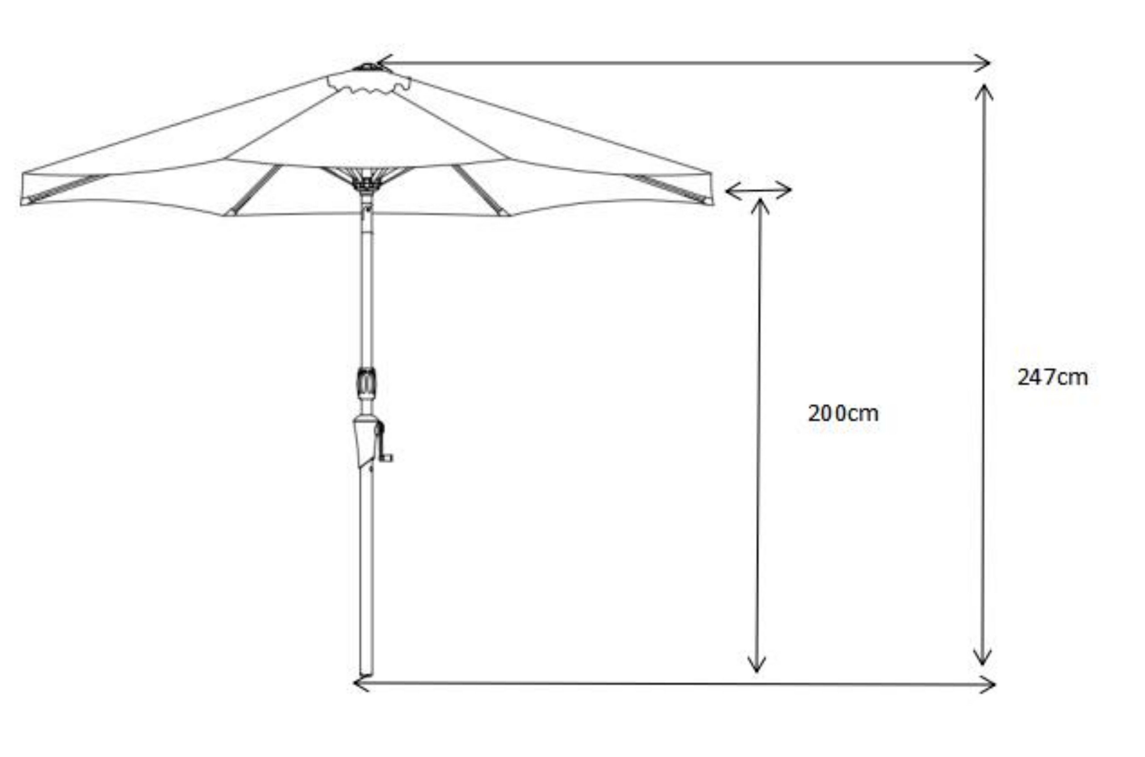 Seitenansicht eines Sonnenschirms mit Maßen 200 cm Höhe und 247 cm Breite. Gezeigte Struktur und Kurbel zum Öffnen.