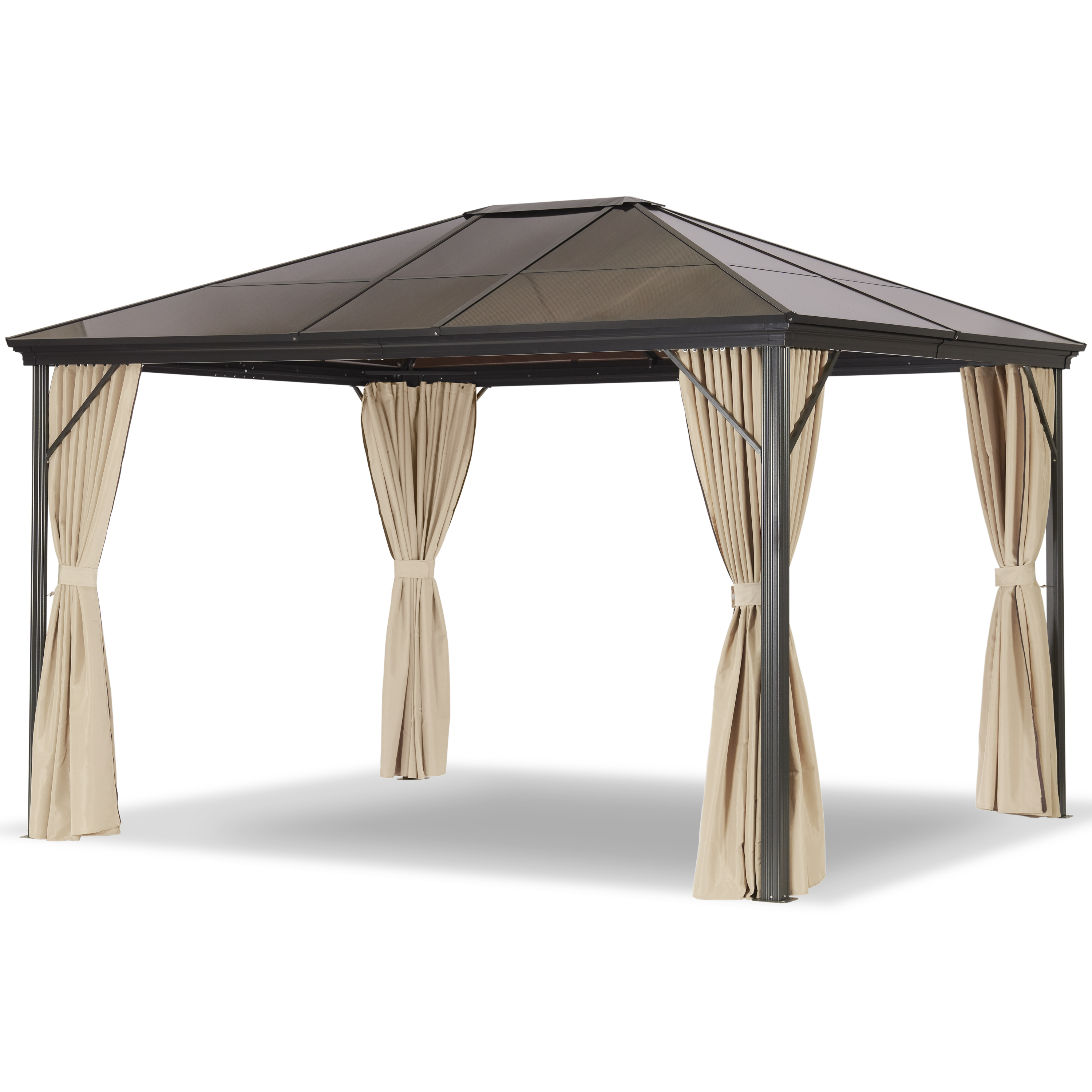 Metallpavillon mit transparentem Dach und beigen Vorhängen an allen Seiten.