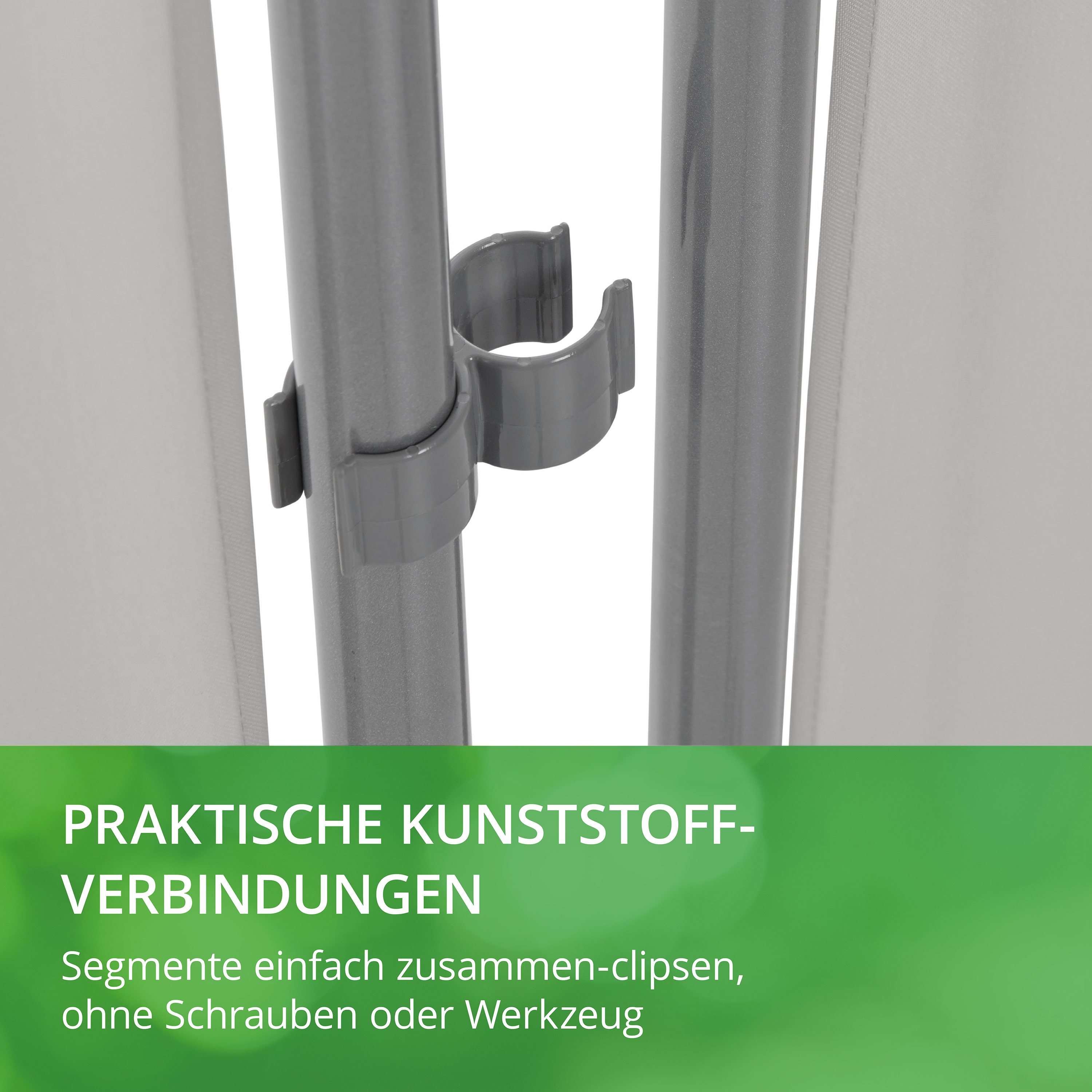 Graue Kunststoffclips verbinden zwei Metallstangen. Text: Praktische Kunststoff-Verbindungen, einfach zusammen-clipsen.