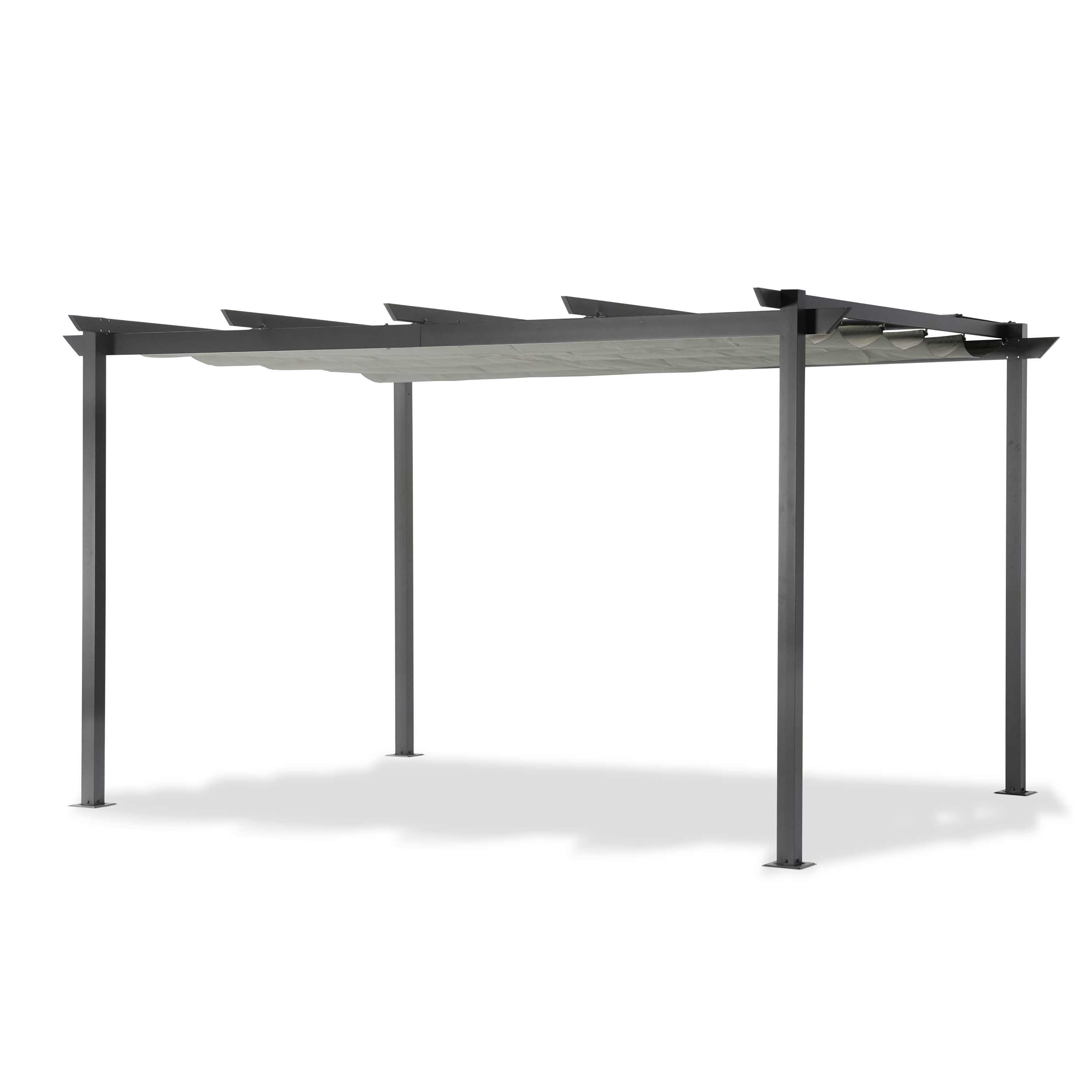 Metallpergola mit rechteckigem Sonnendach und vier Beinen