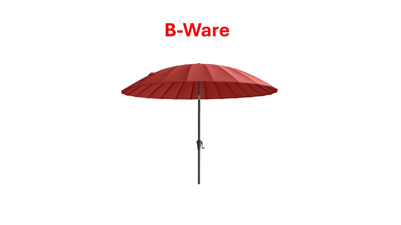 Roter Sonnenschirm mit schwarzem Gestell. Oben steht in roter Schrift 'B-Ware'.