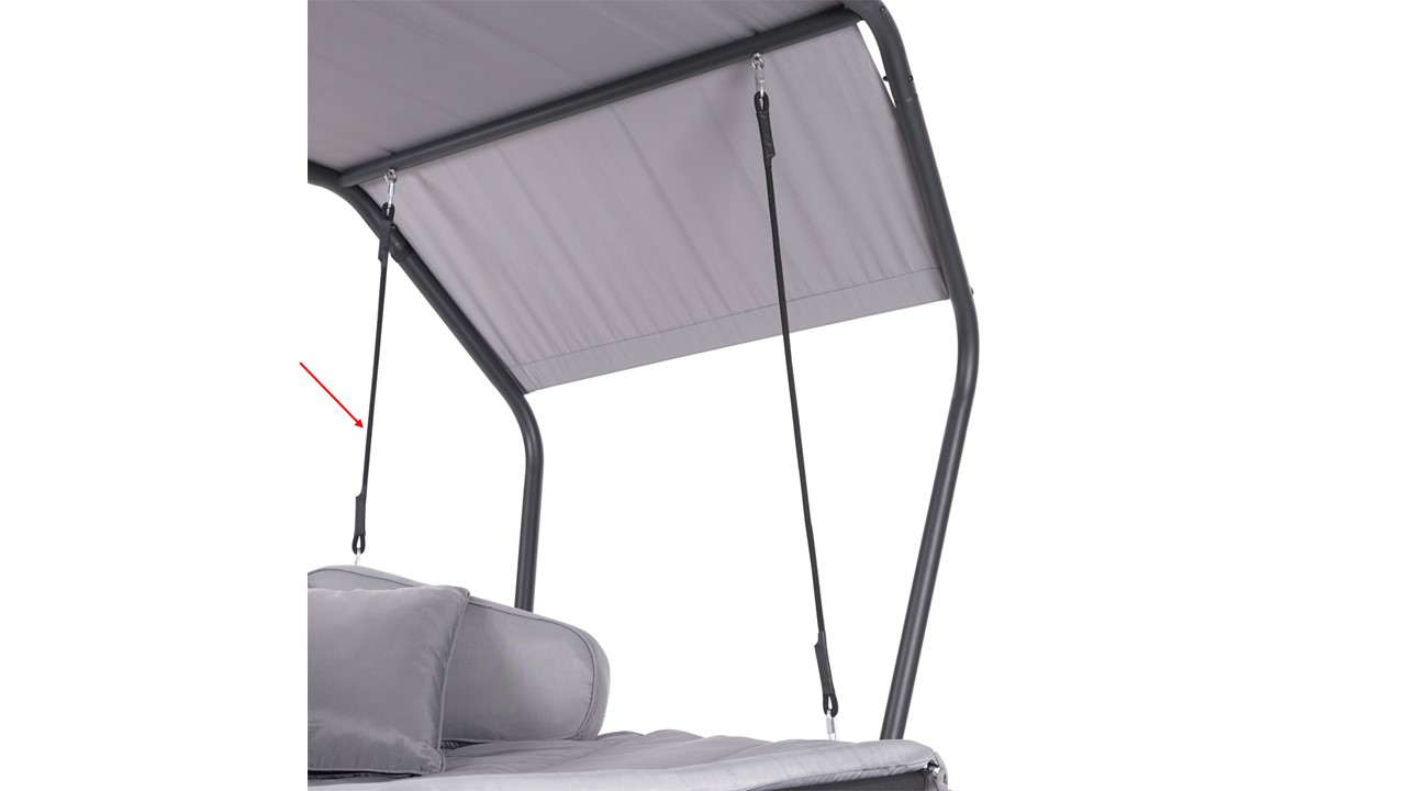 Gartenschaukel mit grauem Dach, verstellbares Seil, Kissen auf der Sitzfläche, graues Metallgestell. Fokus auf Aufhängung.