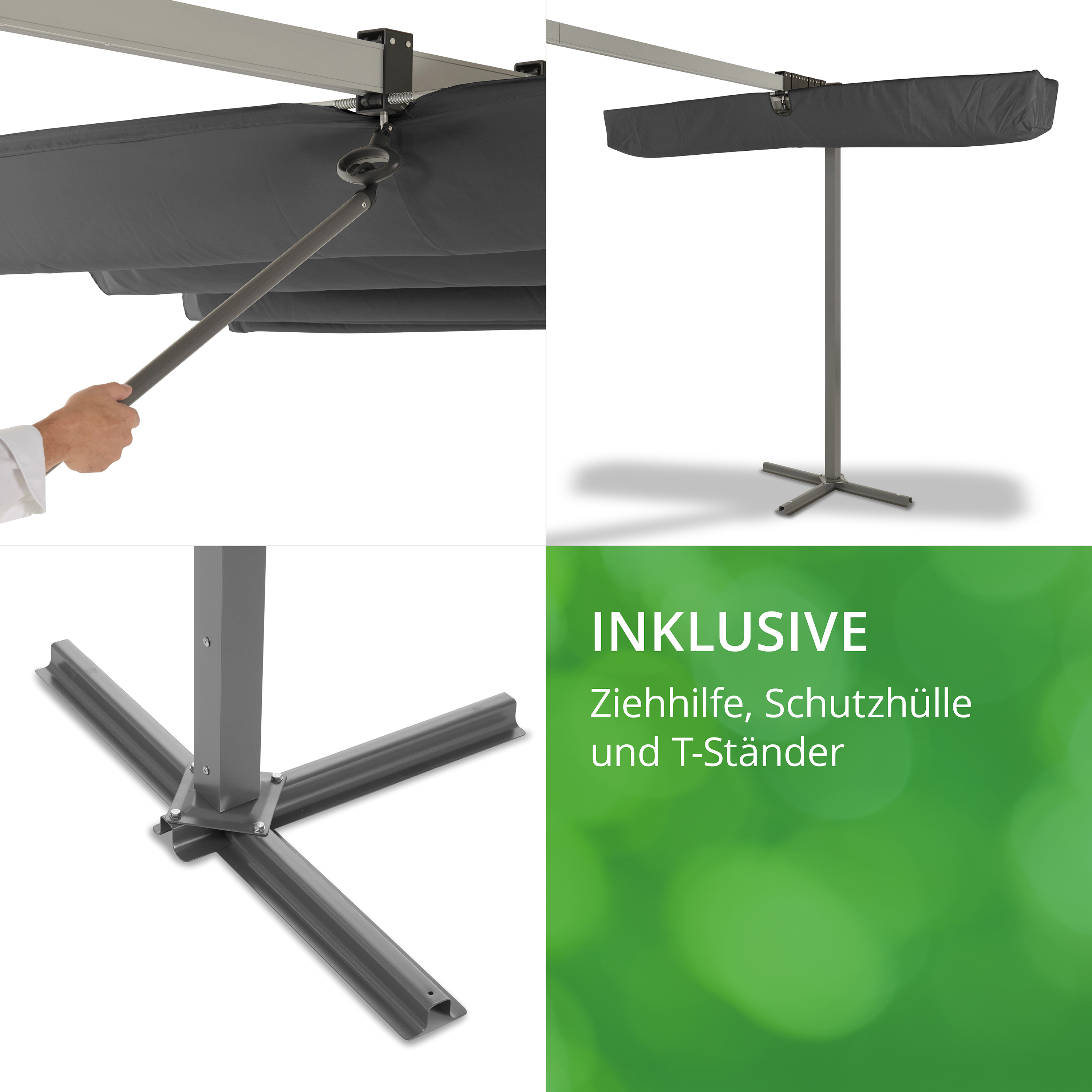 Montageset mit Ziehhilfe, Schutzhülle und T-Ständer für Sonnenschirme auf grünem Hintergrund dargestellt.
