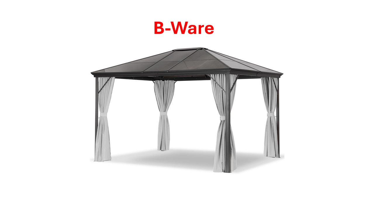 Gartenpavillon mit vier grauen Vorhängen und schwarzem Dach, als B-Ware gekennzeichnet.