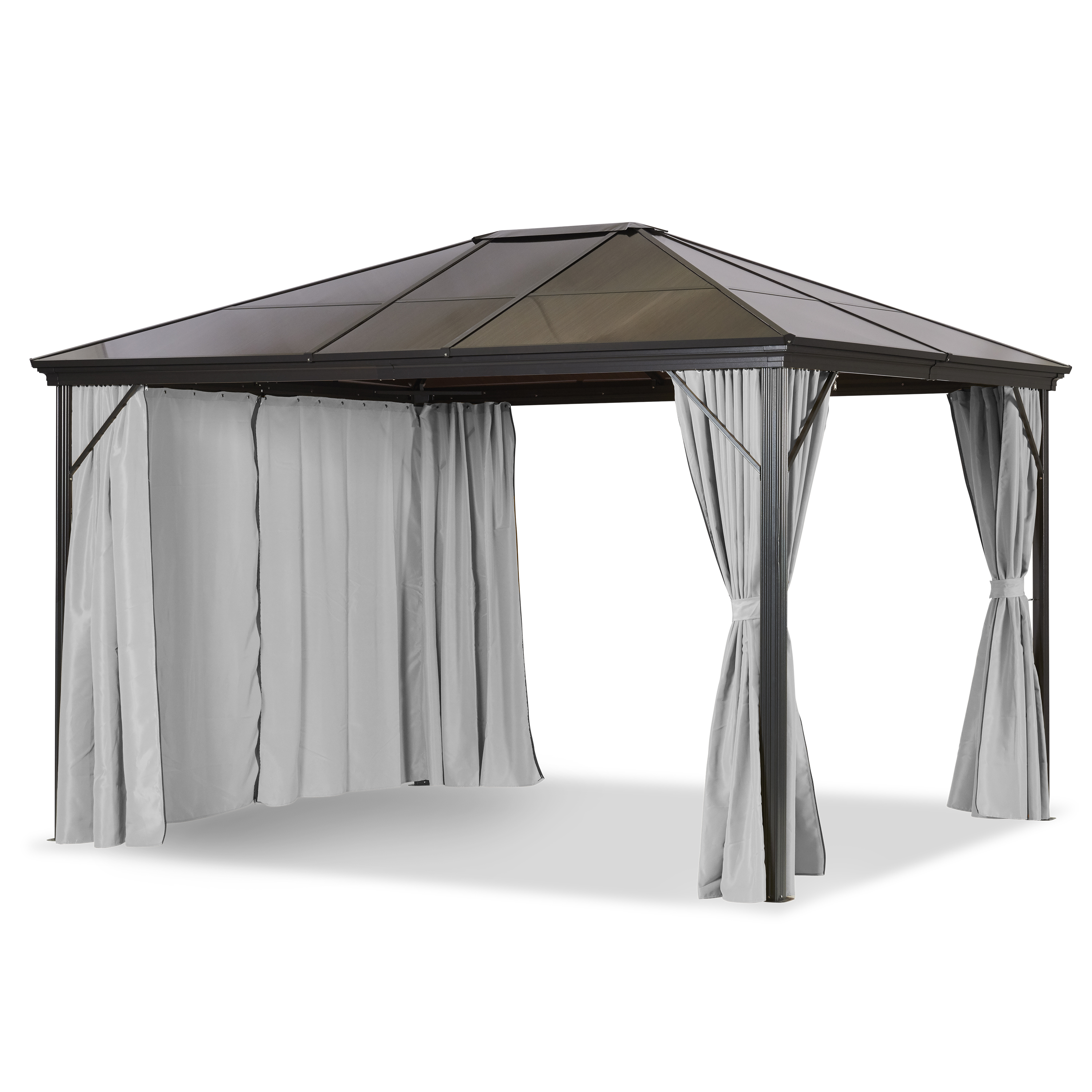Gartenpavillon mit dunklem Metalldach und grauen Vorhängen, teilweise geöffnet.