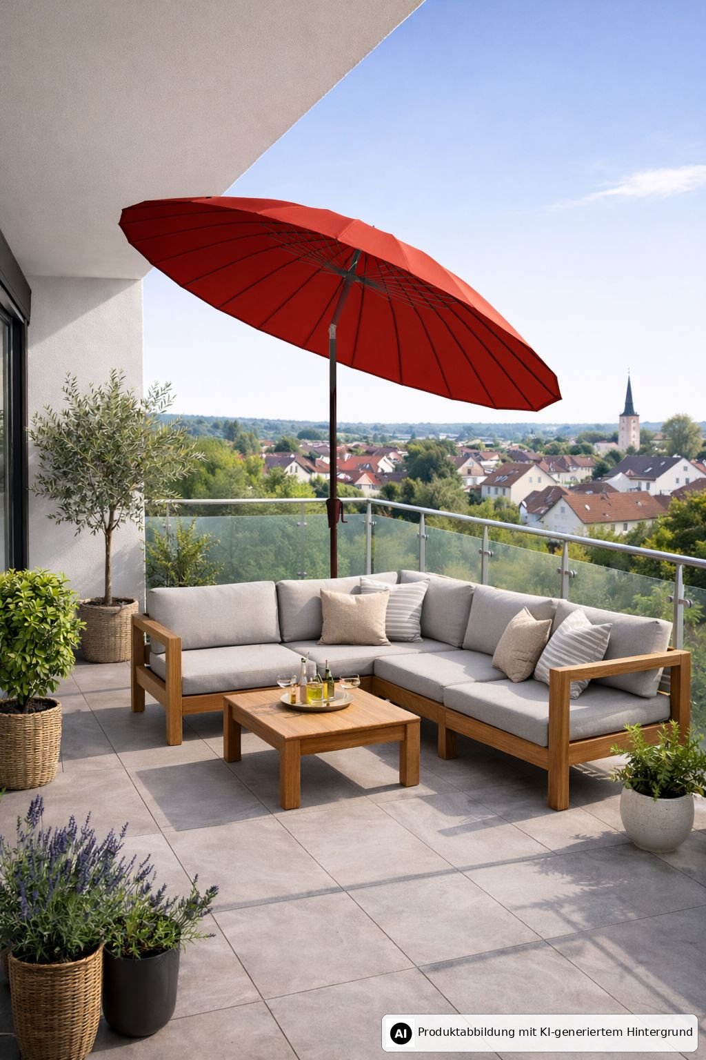 Balkon mit grauer Gartengarnitur, rotem Sonnenschirm, Pflanzen in Töpfen, Ausblick auf Häuser und Kirchturm im Hintergrund.
