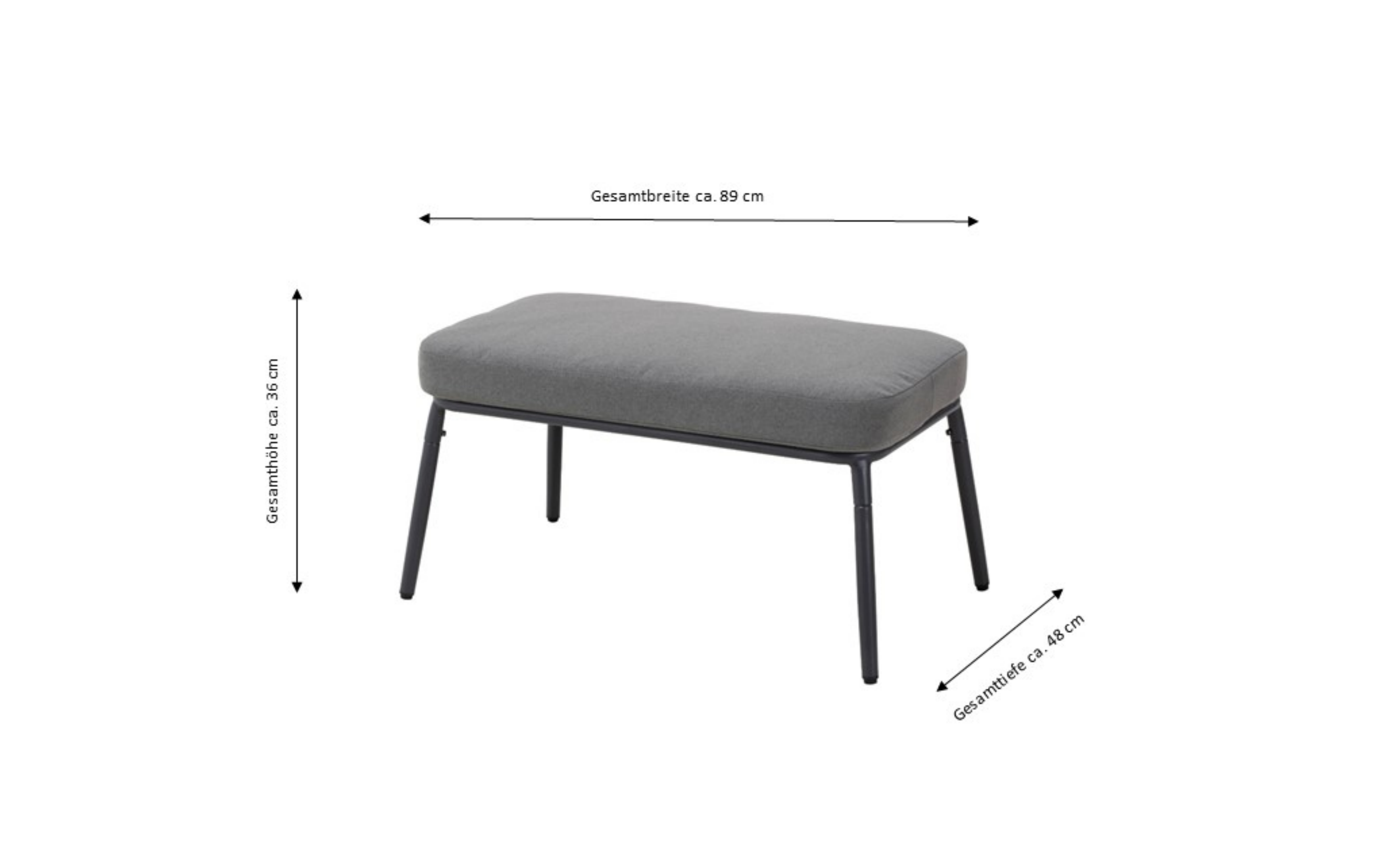 Graue Bank mit Metallbeinen, ca. 89 cm breit, 48 cm tief, 36 cm hoch.