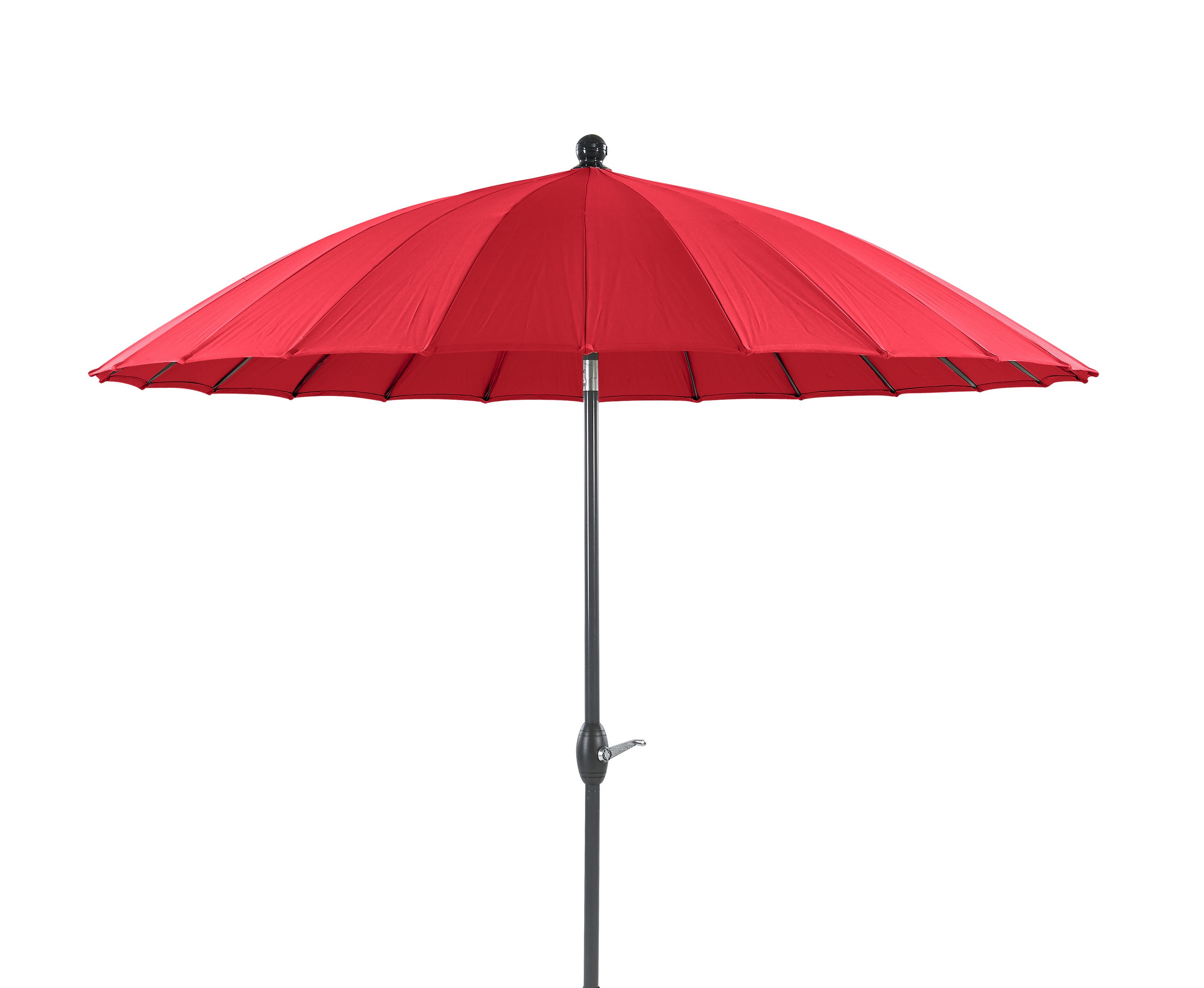Roter Sonnenschirm mit schwarzem Metallstab und Kurbel zum Öffnen und Schließen.