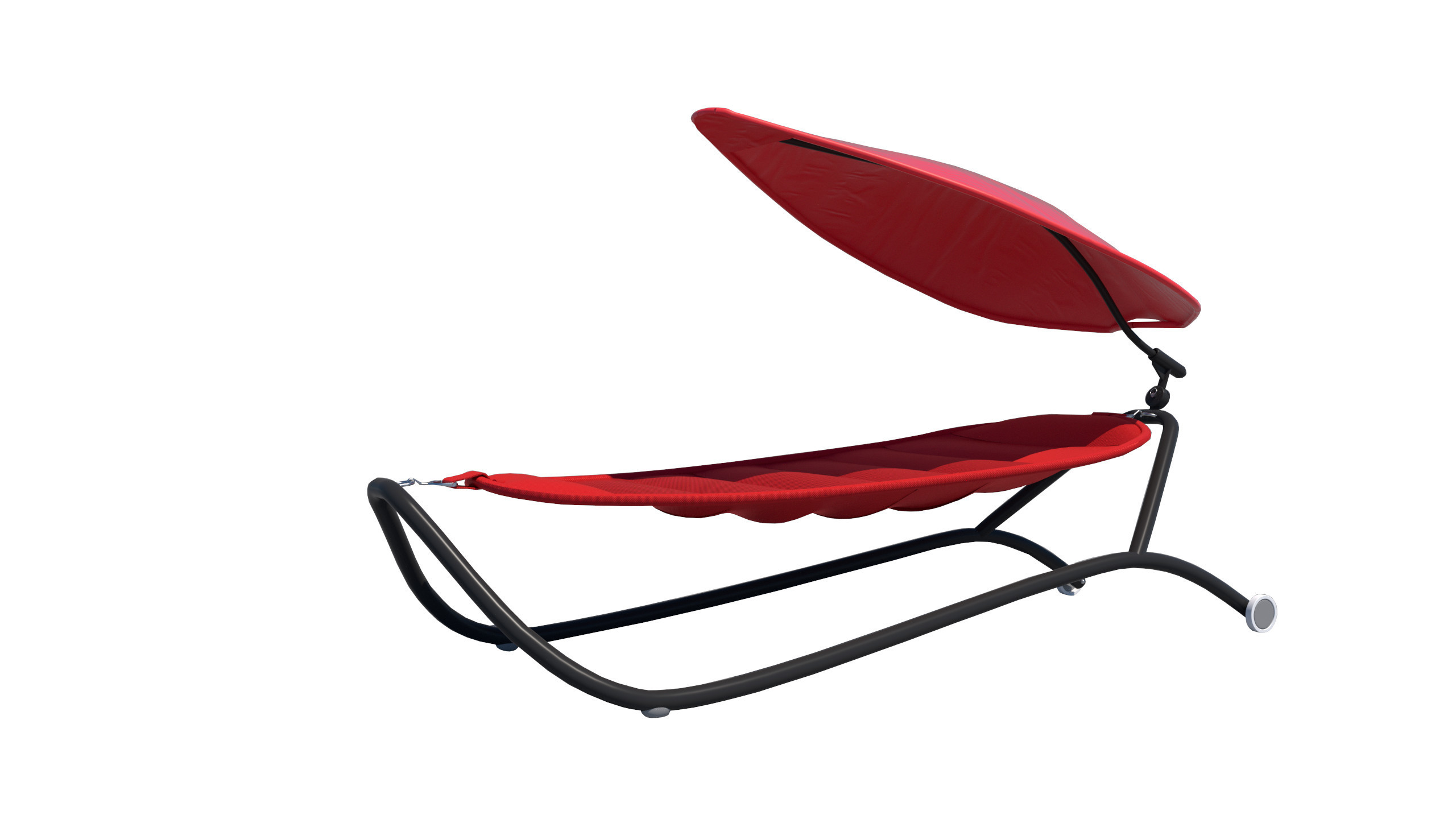 Luxus-Hängematte GLORIA rot mit Stahlrohrgestell anthrazit Rote Liege mit Schattenüberdachung und schwarzem Gestell auf weißem Hintergrund.