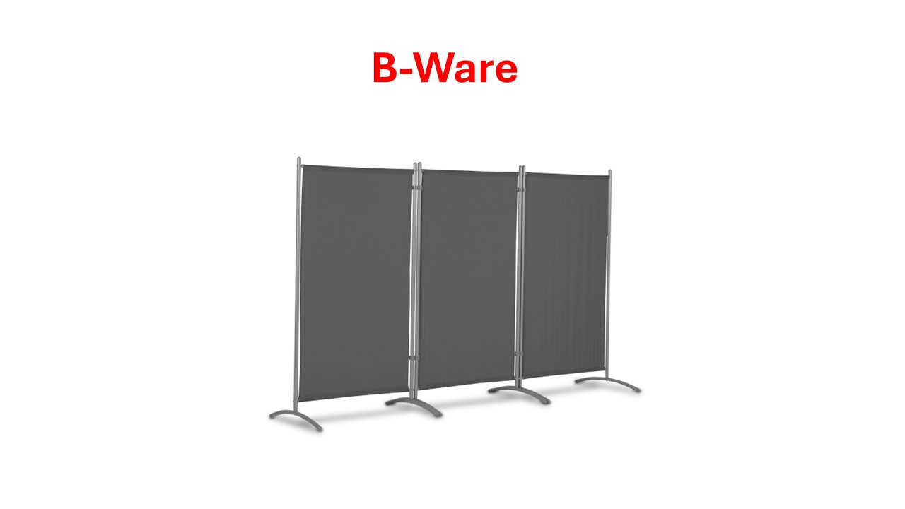 Dreiteilige dunkelgraue Stellwand mit "B-Ware"-Aufschrift in roter Schrift.