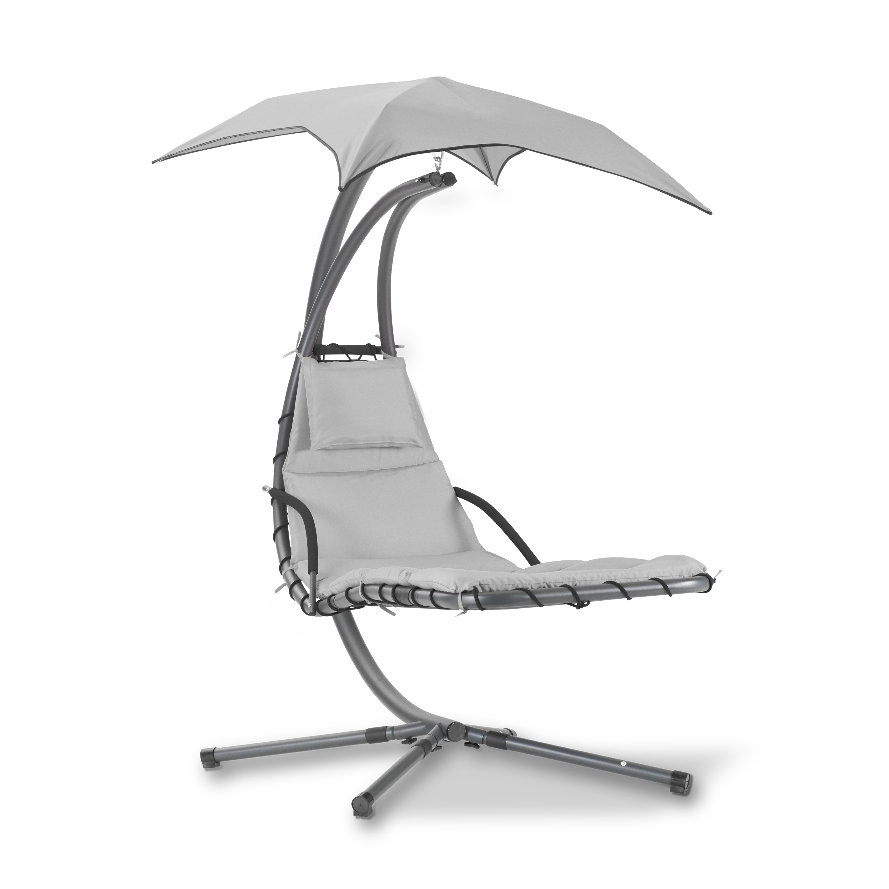 Schwebeliege mit grauem Gestell, gepolstertem Sitz und integriertem Sonnendach, auf einem stabilen Standfuß.