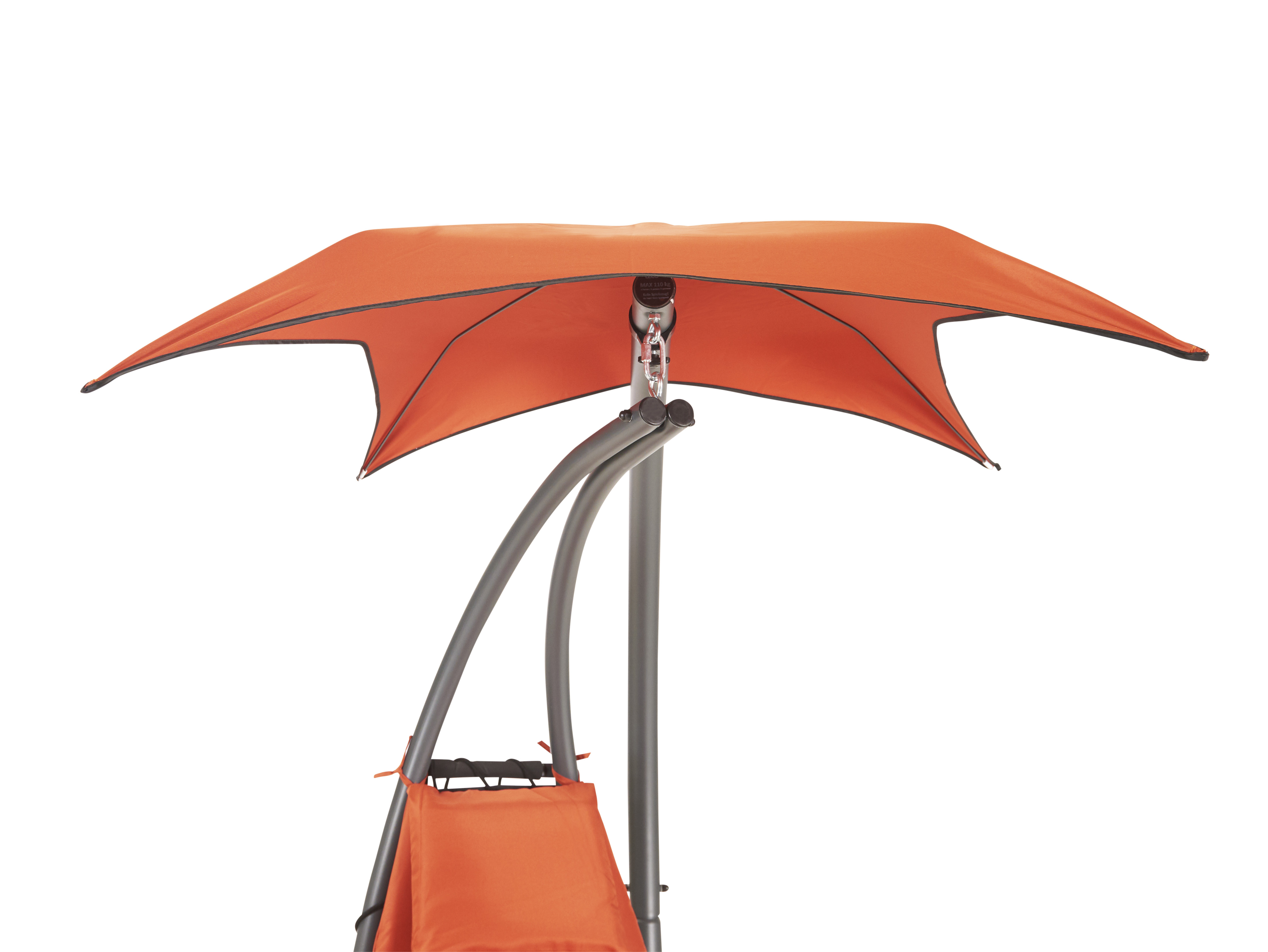 Orangefarbene Schaukel mit gebogenem Metallgestell und Sonnenschutz.