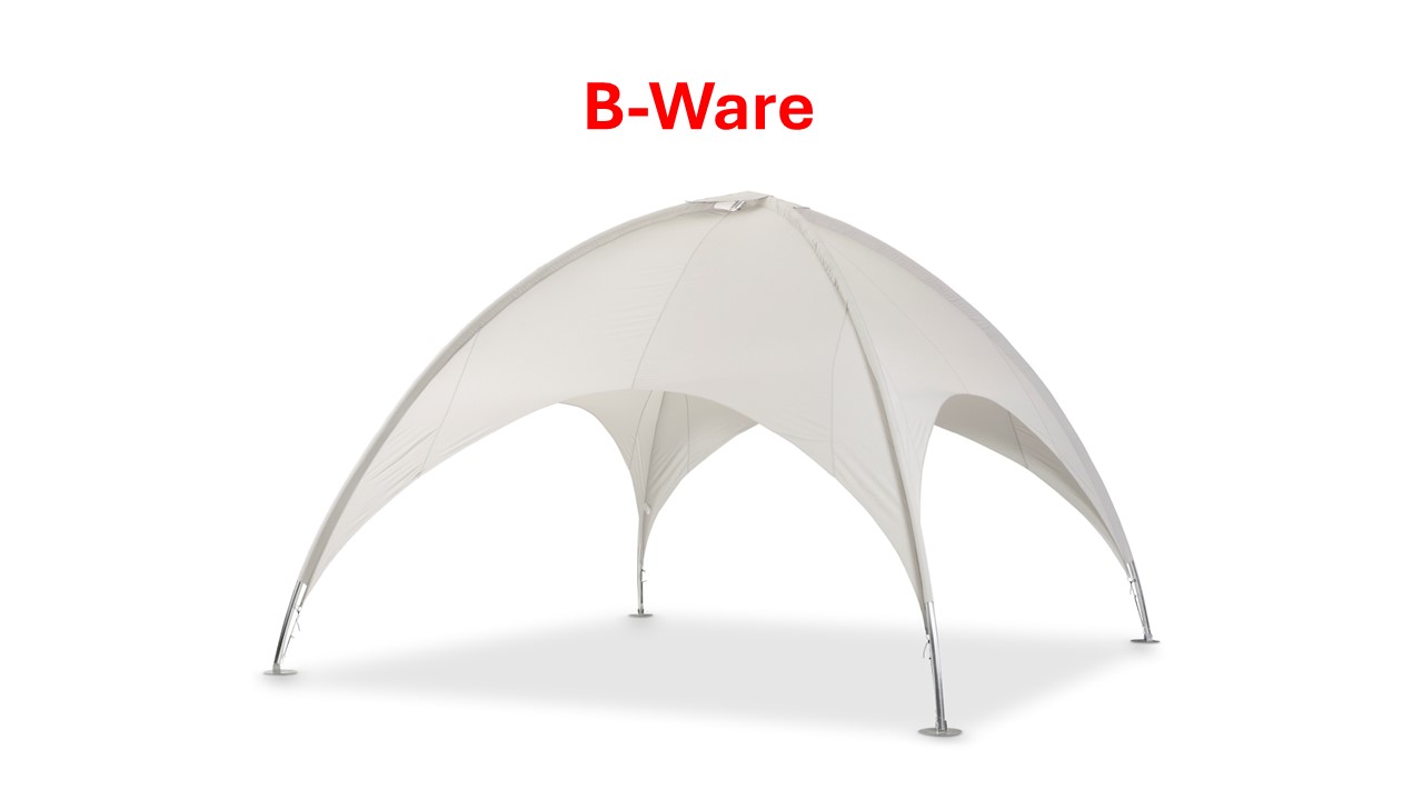 Weißes Pavillonzelt mit vier Beinen und gebogenem Dach, gekennzeichnet als B-Ware.