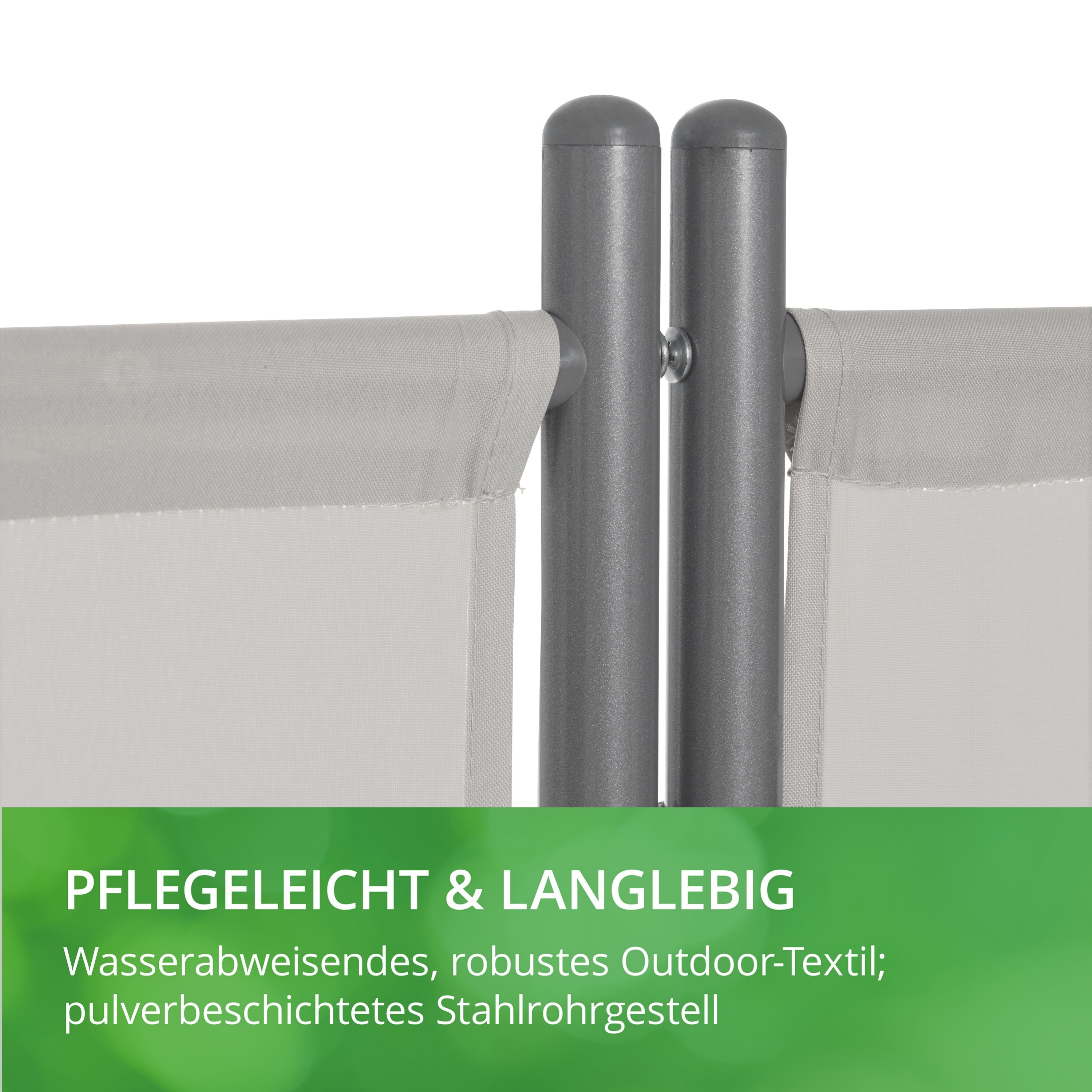 Zwei graue Textilbahnen an pulverbeschichtetem Stahlrohrgestell, Beschriftung pflegeleicht, langlebig, Outdoor-geeignet.