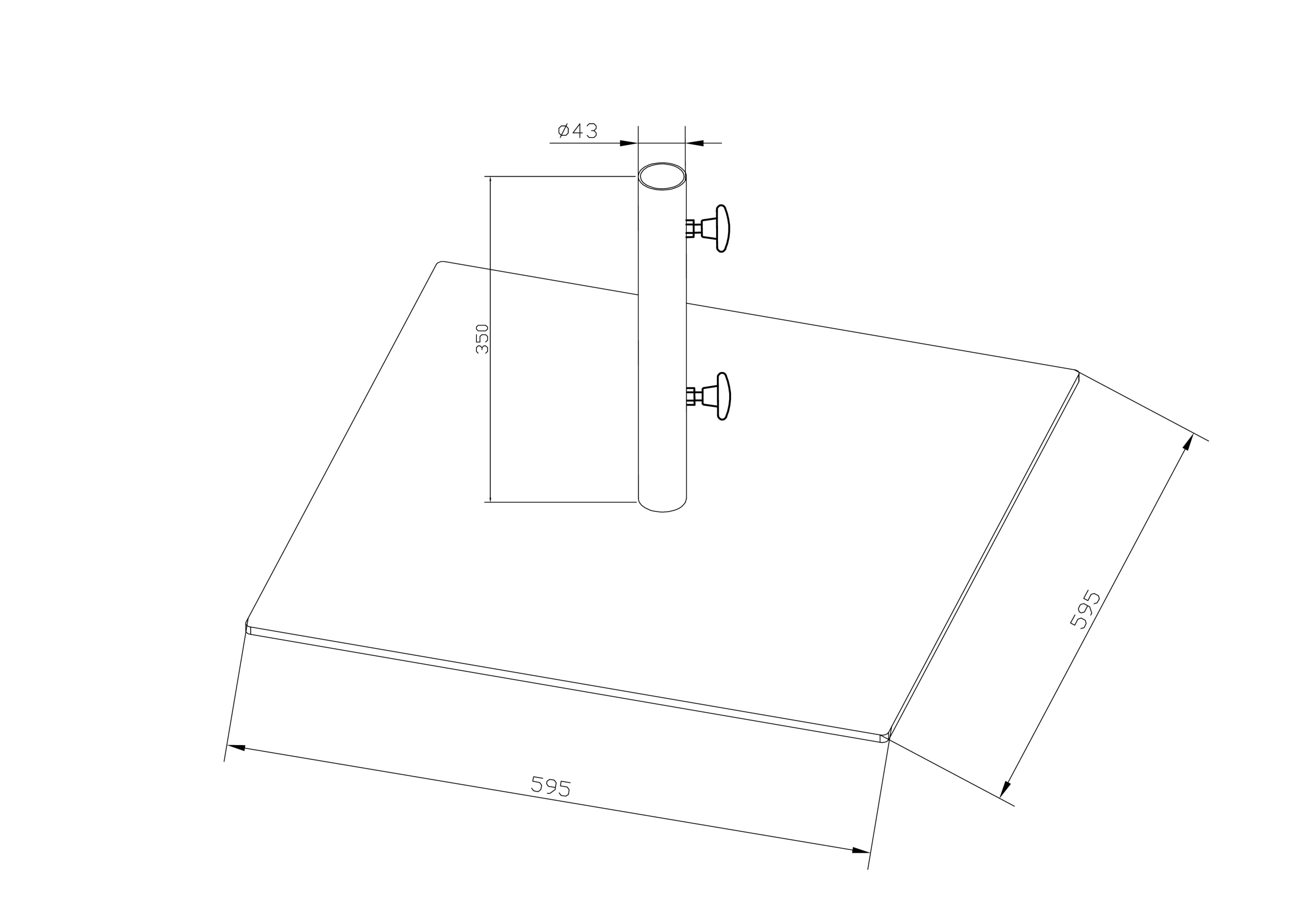 Technische Zeichnung eines rechteckigen Sockels mit vertikalem Rohr, Maße 595x350 mm, Rohrdurchmesser 43 mm.