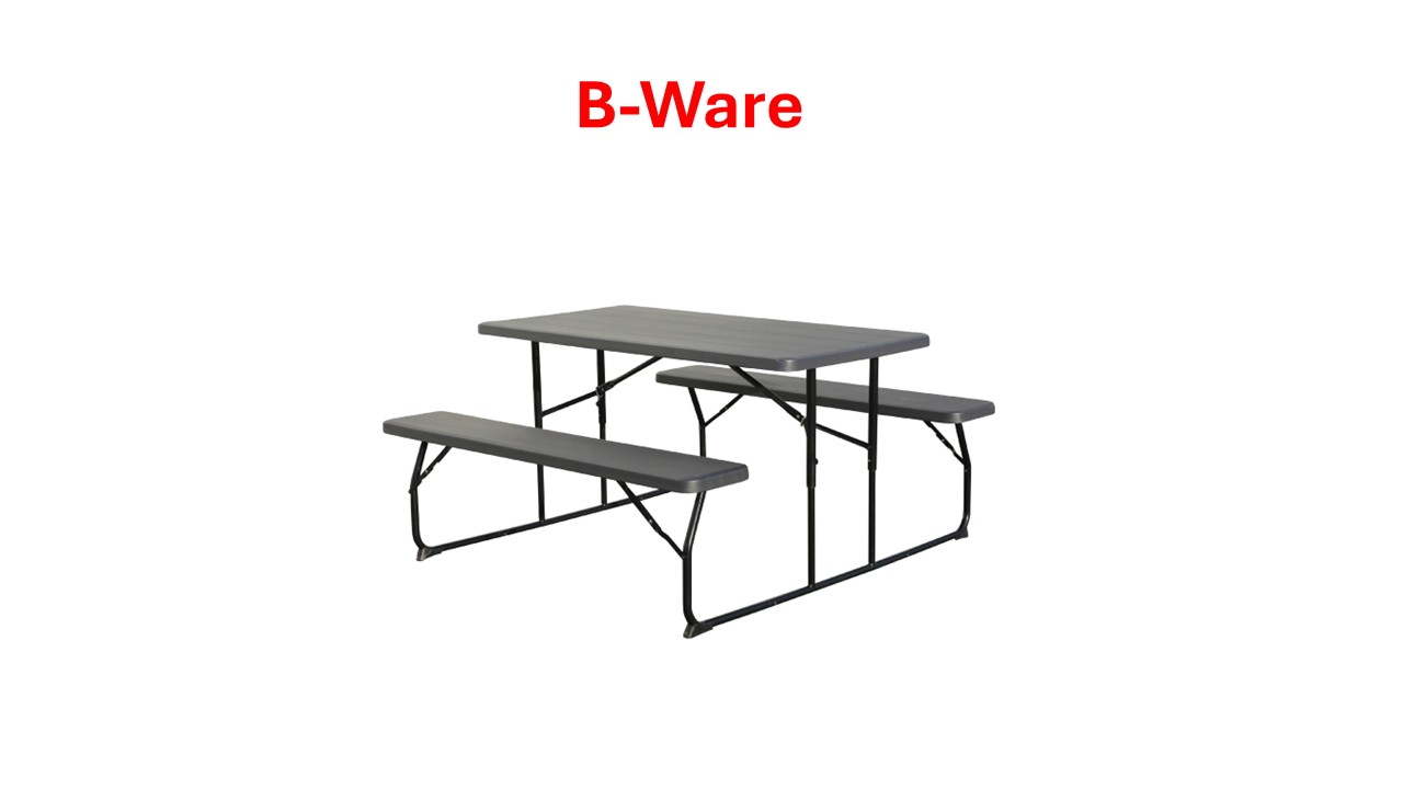 Grau-schwarzer Klapptisch mit zwei Bänken, rot 'B-Ware' darüber.