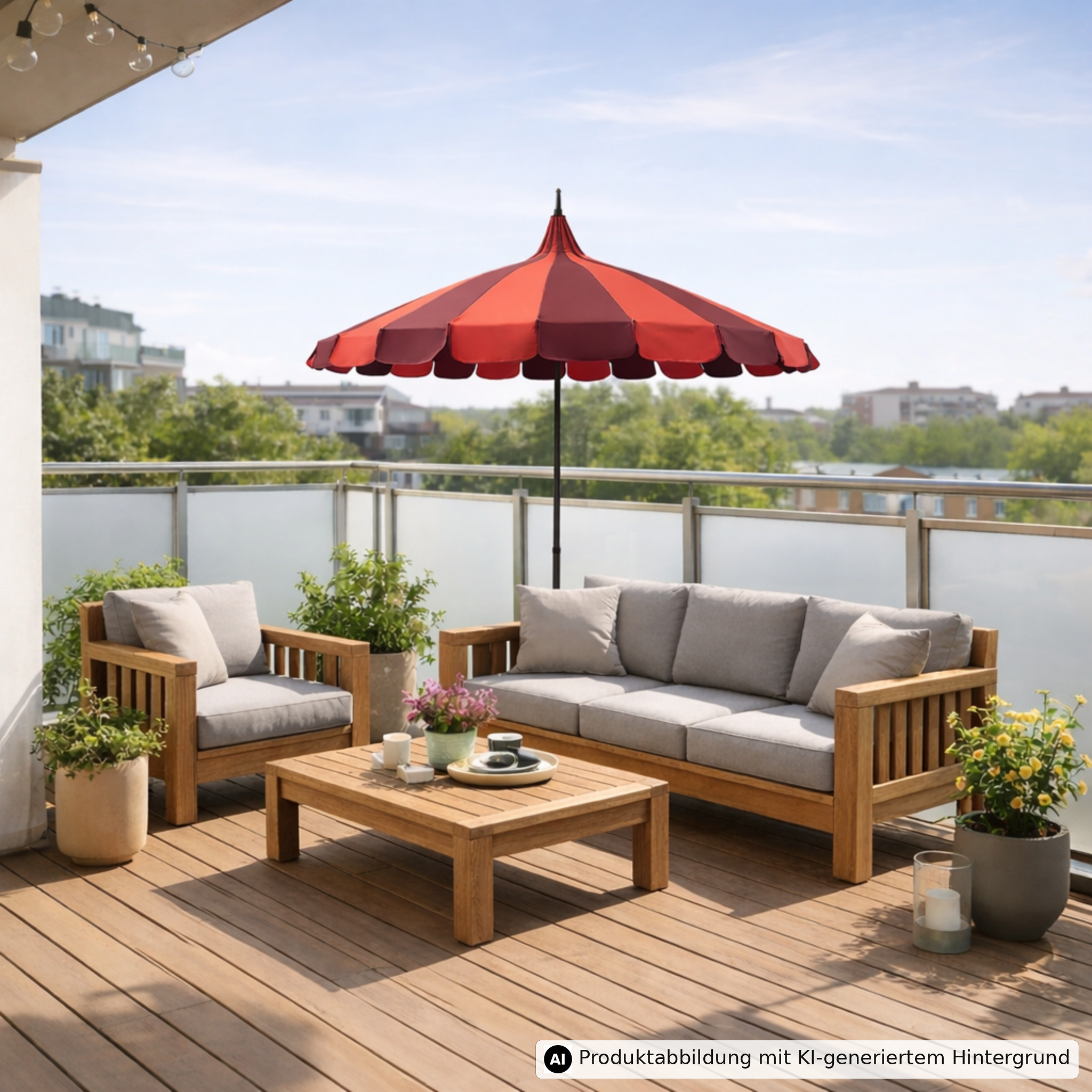 Terrasse mit Holzmöbeln: Sofa, Sessel, Tisch, roten Sonnenschirm und Pflanzen, urbaner Hintergrund.