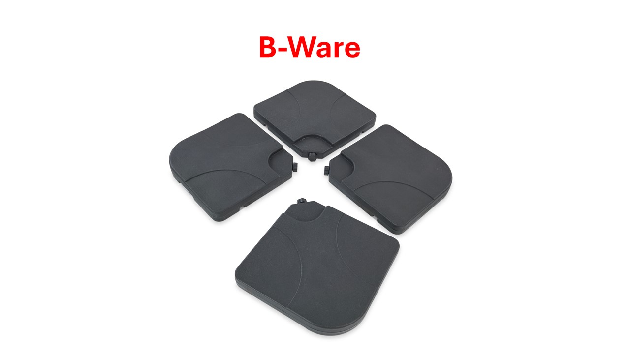 Kunststoff-Plattenset für Schirme B-WARE Farbe Anthrazit/Schwarz Vier schwarze Gewichtsplatten als B-Ware beschriftet.