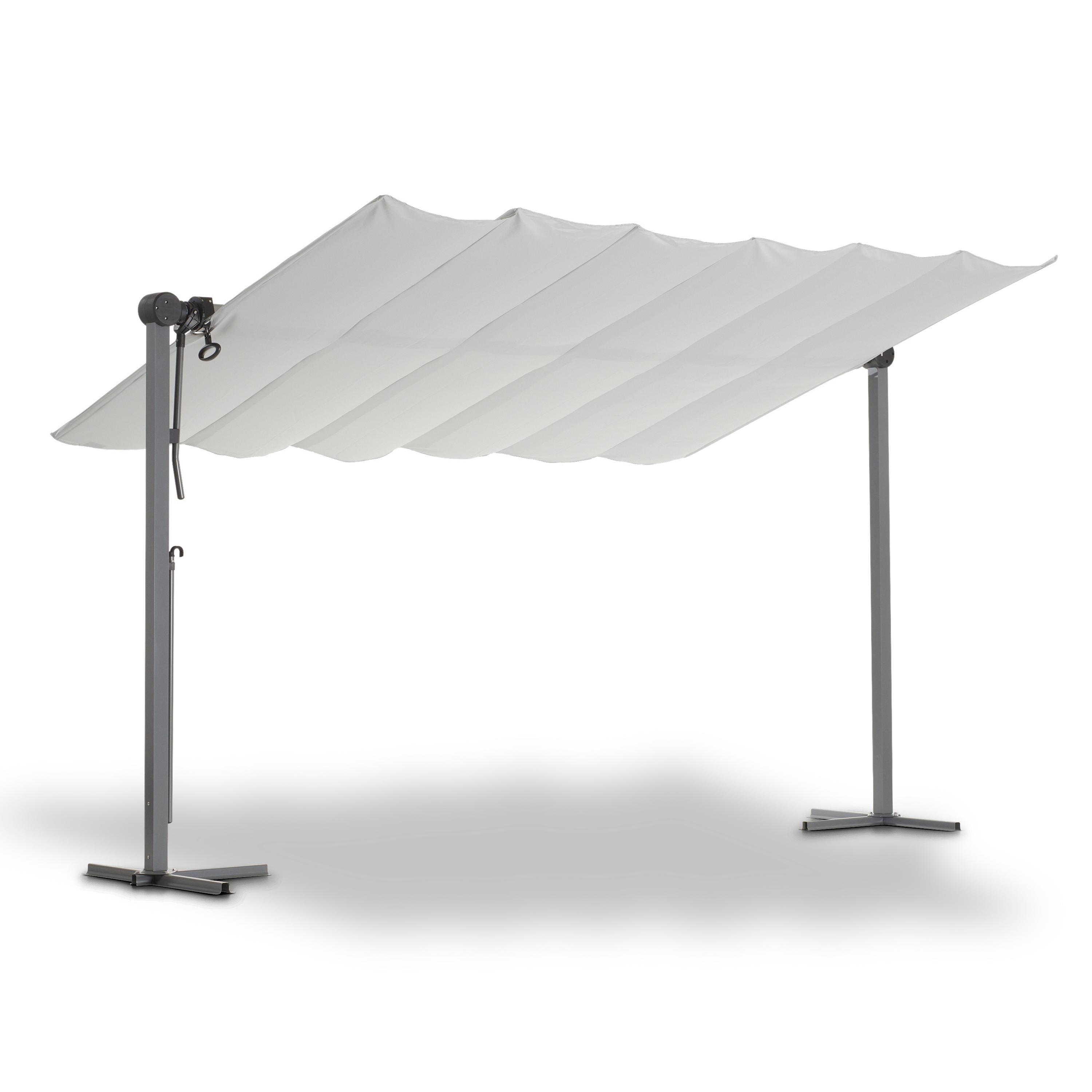 Sonnendach WAVED 4x2,5 m lichtgrau faltbar, Aluminiumgestell Weißes freistehendes Sonnensegel mit grauem Metallrahmen auf zwei Pfosten.
