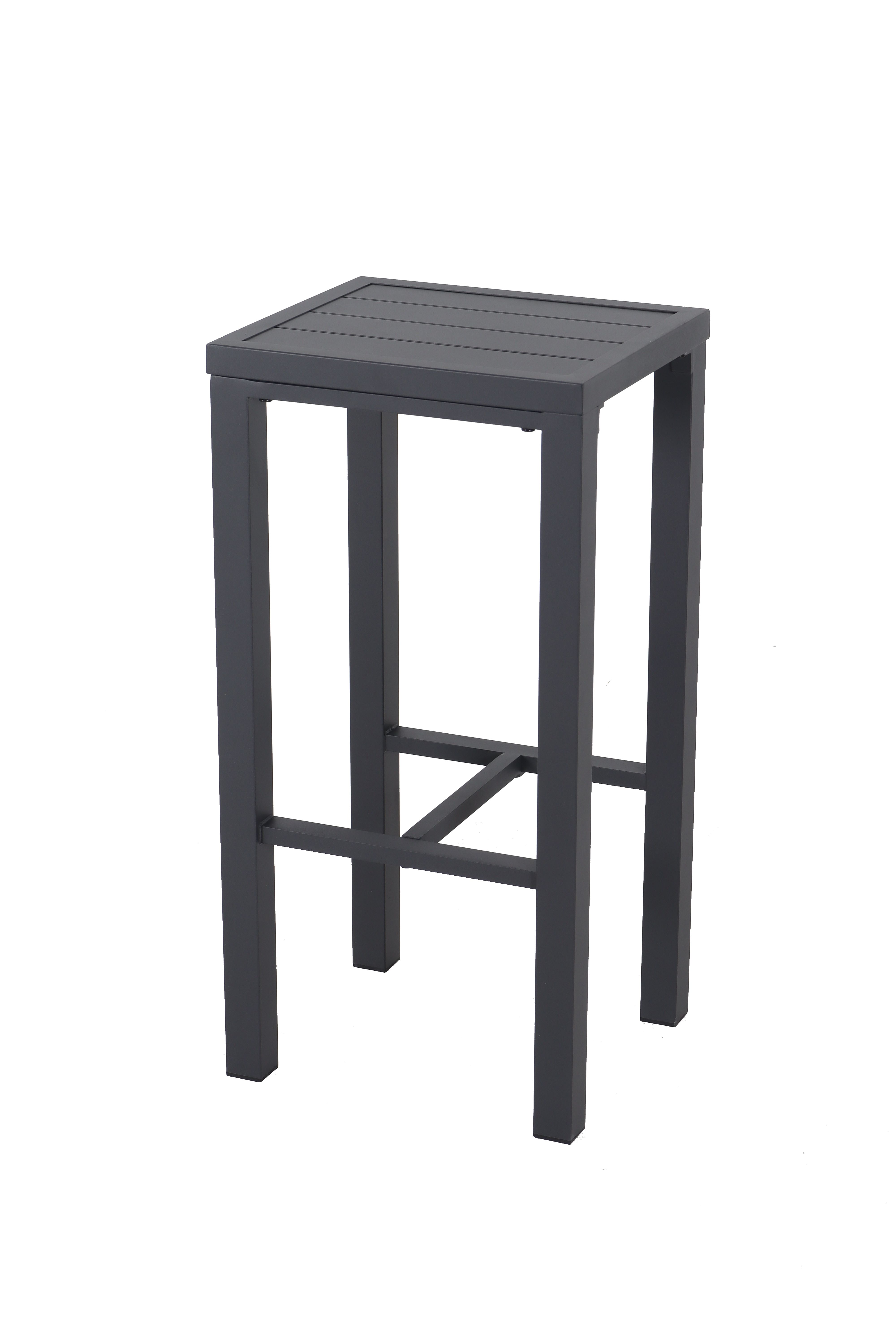 Schwarzer vierbeiniger Barhocker mit quadratischer Sitzfläche und einfacher Rahmenkonstruktion.