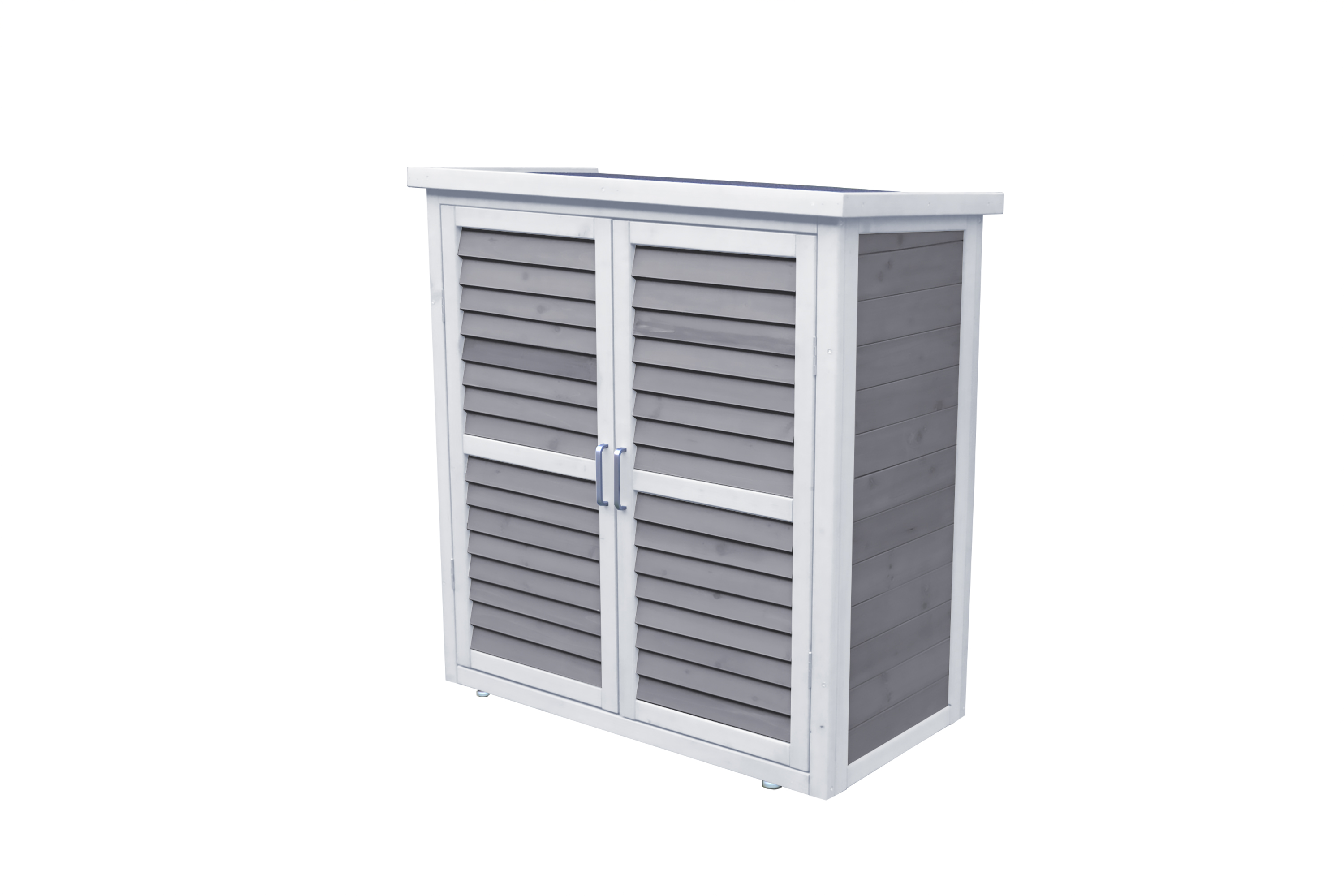 Gartenschrank MOMO Höhe 95 cm Tannenholz grau-weiß lasiert Grau-weißer Gartenschrank mit Doppeltüren und Lamellenoptik.