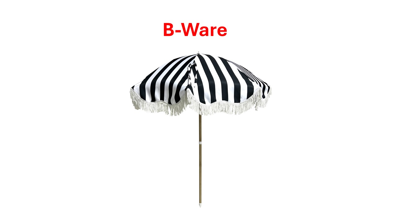 Gestreifter Sonnenschirm mit Fransen unter dem roten Text "B-Ware" auf weißem Hintergrund.