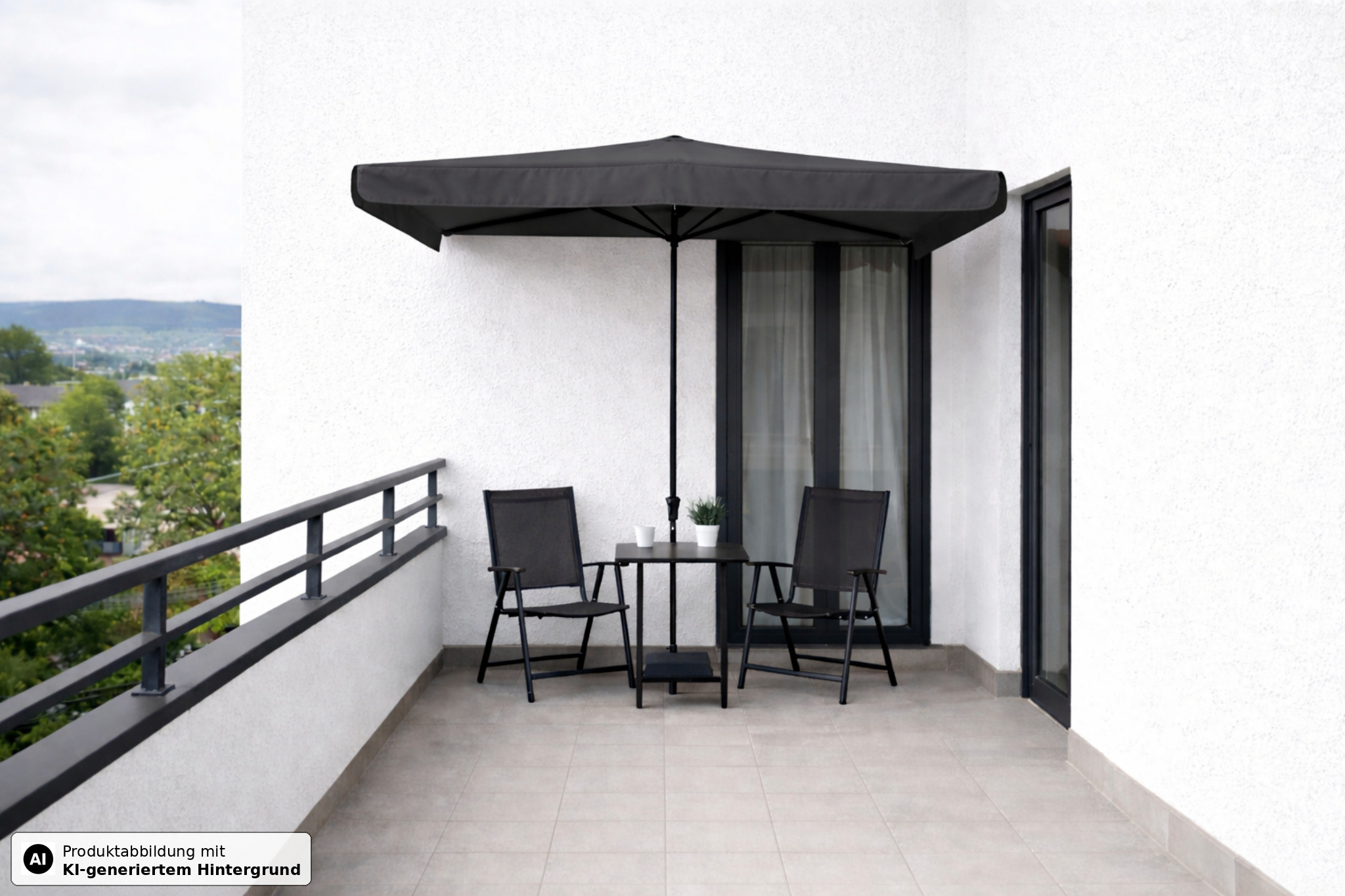 Balkon mit Tisch, zwei Stühlen und schwarzem Sonnenschirm vor weißer Wand.