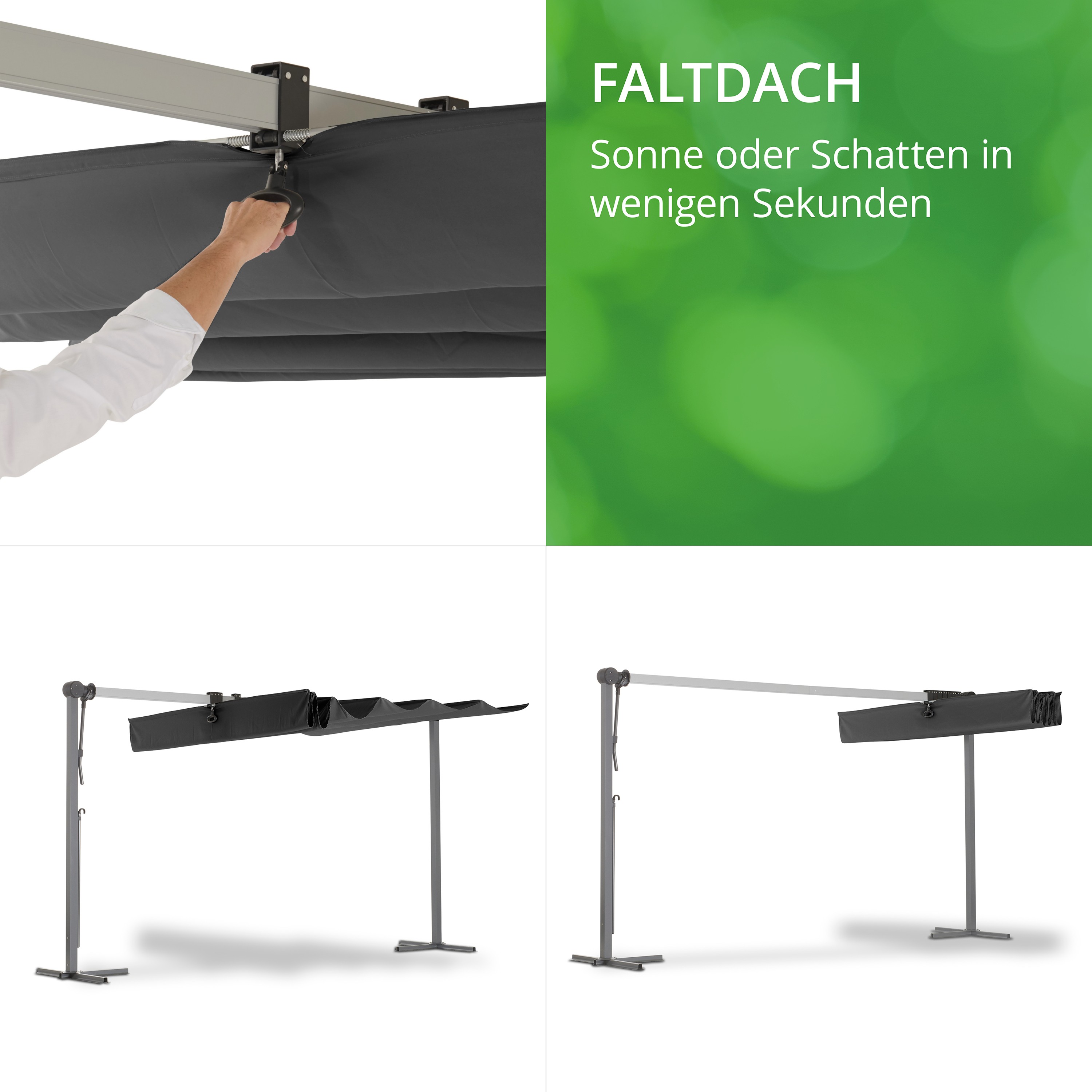 Hand öffnet schwarzes Faltdach, Slogan über schnelle Nutzung, zwei Ständer mit gestreiftem Dach.