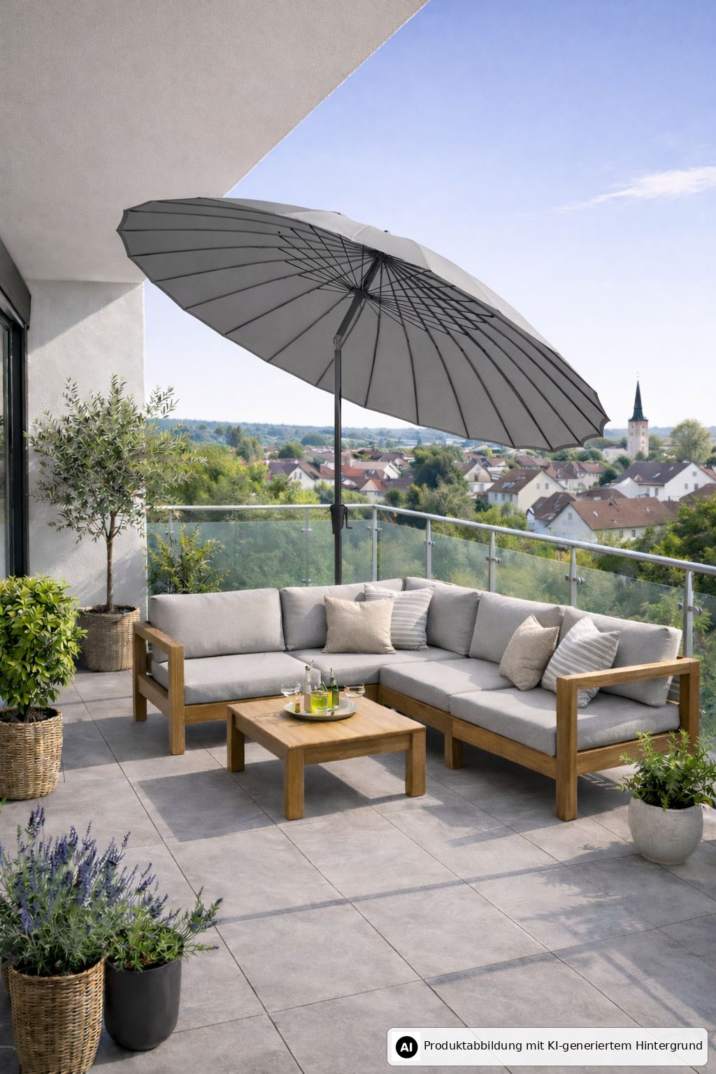 Große Terrasse mit grauem Sonnenschirm, Holzcouch, Kissen, Pflanzen und Aussicht auf eine Stadt und Kirche im Hintergrund.