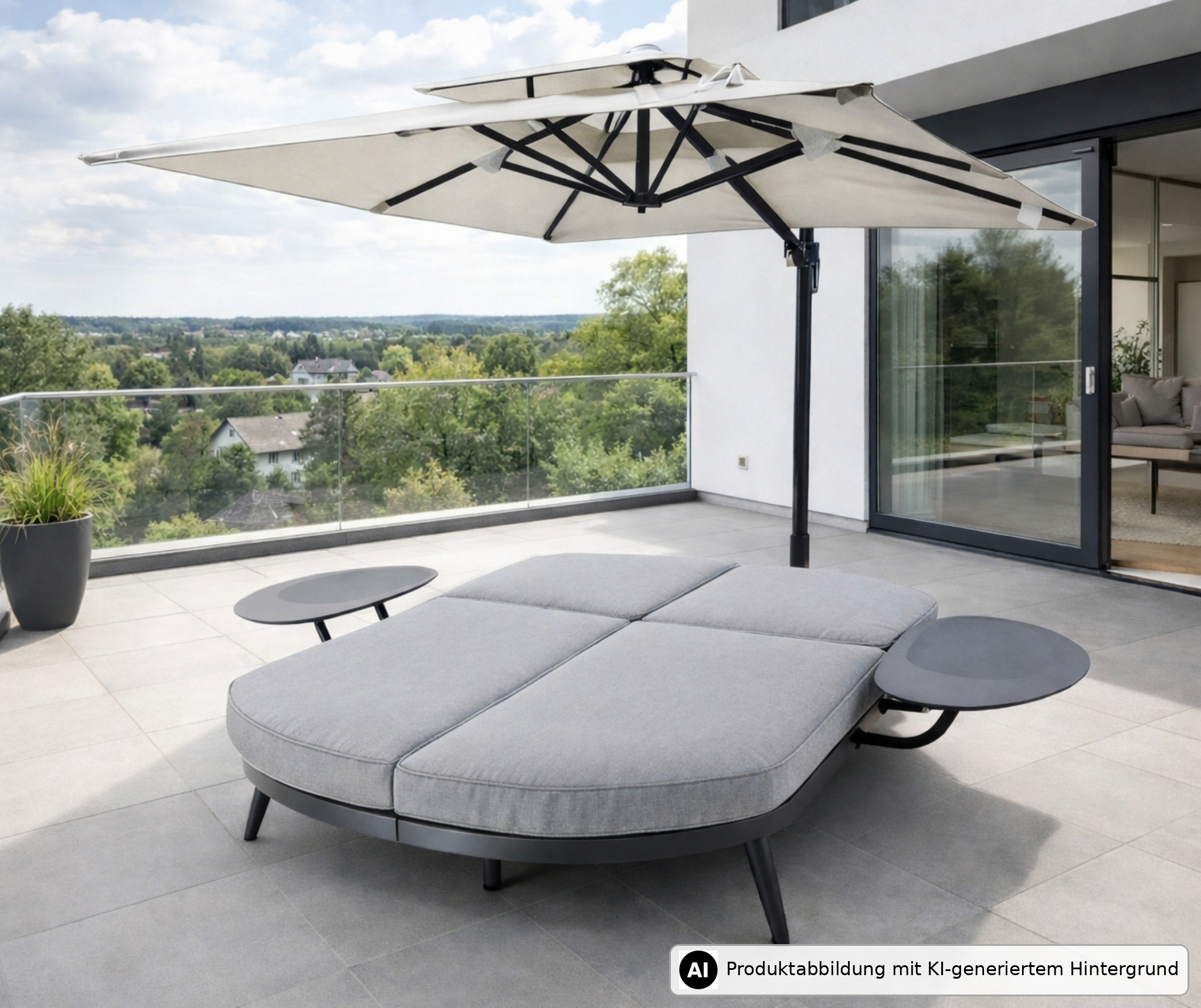Terrasse mit grauem Loungemöbel, Sonnenschirm und Blick auf eine bewaldete Landschaft.
