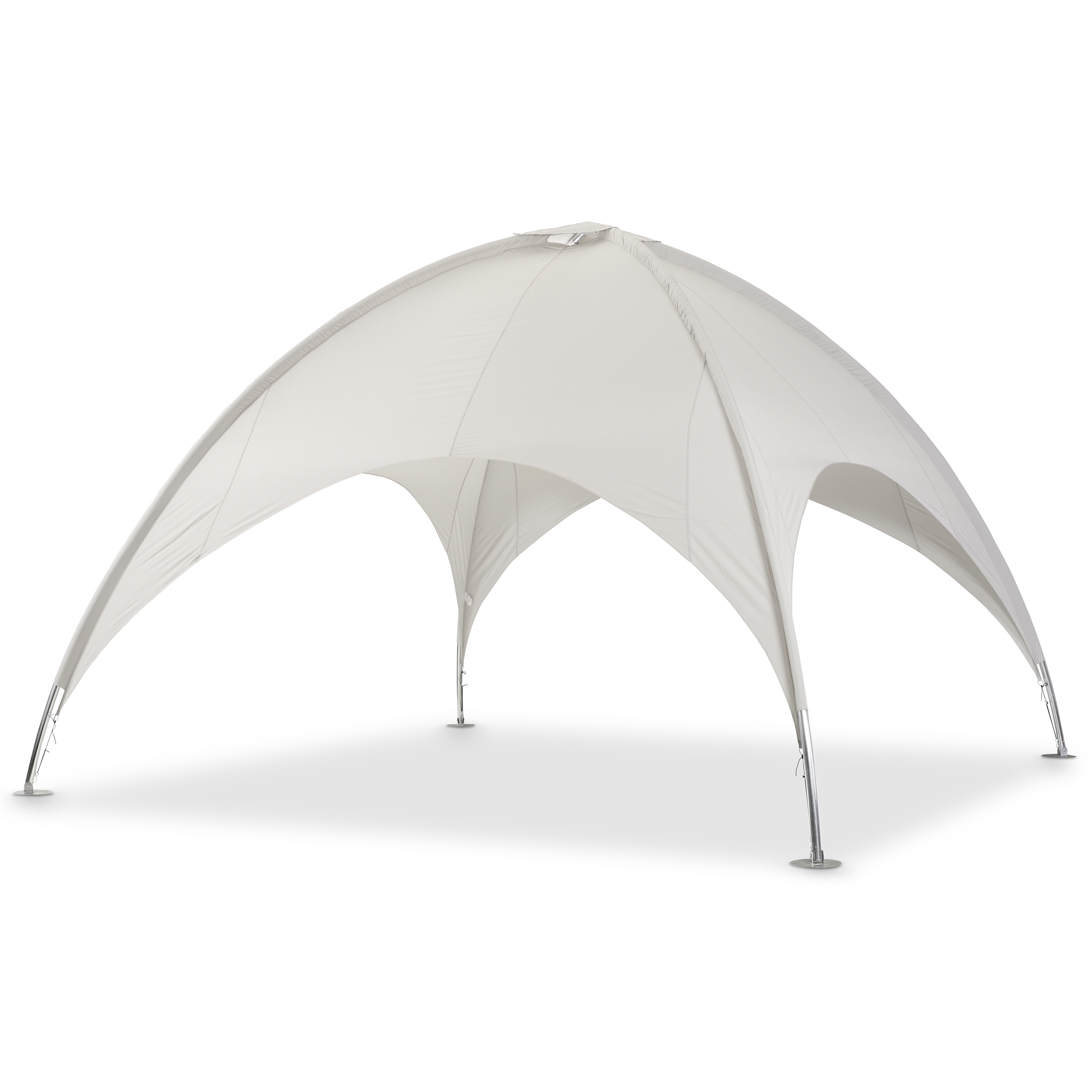 Weißes, kuppelförmiges Zelt mit vier gebogenen Stangen auf grauem Hintergrund.