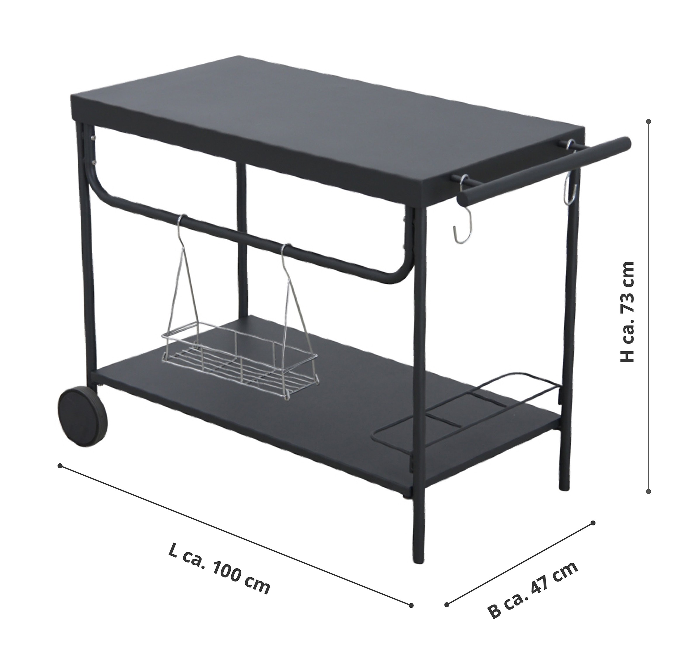 Schwarzer Servierwagen mit zwei Ebenen und Seitenhaken; Maße: Länge 100 cm, Breite 47 cm, Höhe 73 cm.