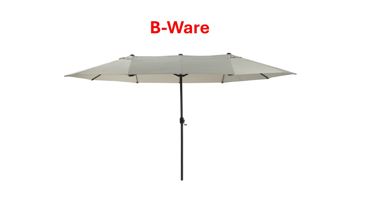 Oval-Schirm 4,6x2,7 m grau B-WARE Aluminium-/Stahlrohrgestell Beiger rechteckiger Sonnenschirm mit schwarzem Ständer und Beschriftung 'B-Ware' in Rot oben.