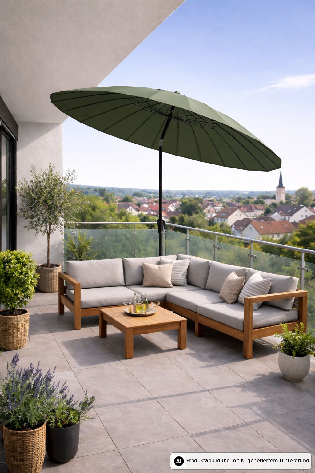 Terrasse mit Sitzgruppe, Tisch, grünem Sonnenschirm und Pflanzen; im Hintergrund Dorf und Kirchturm sichtbar.