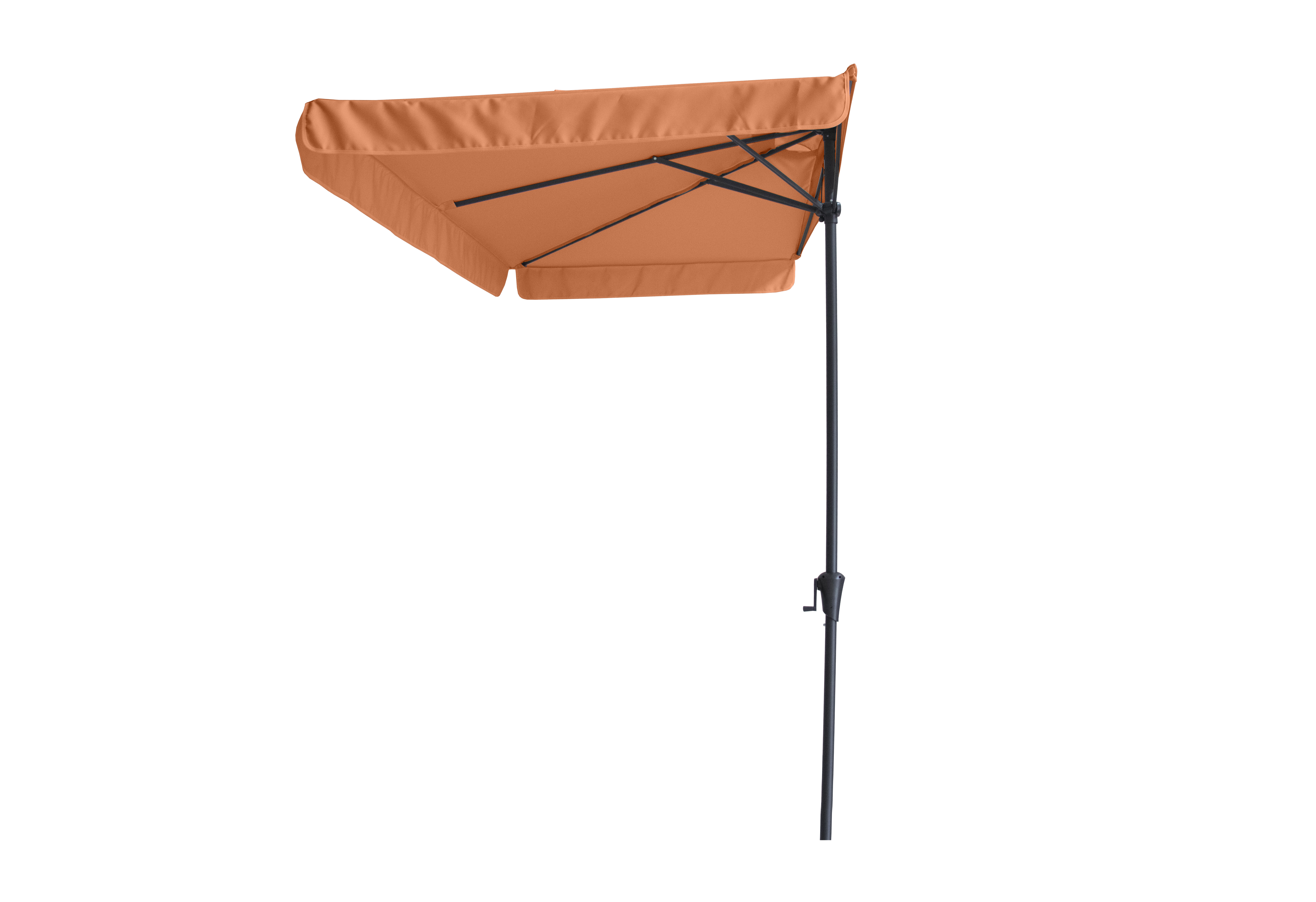 Orangefarbener Sonnenschirm mit seitlichem Standfuß und Metallstreben.