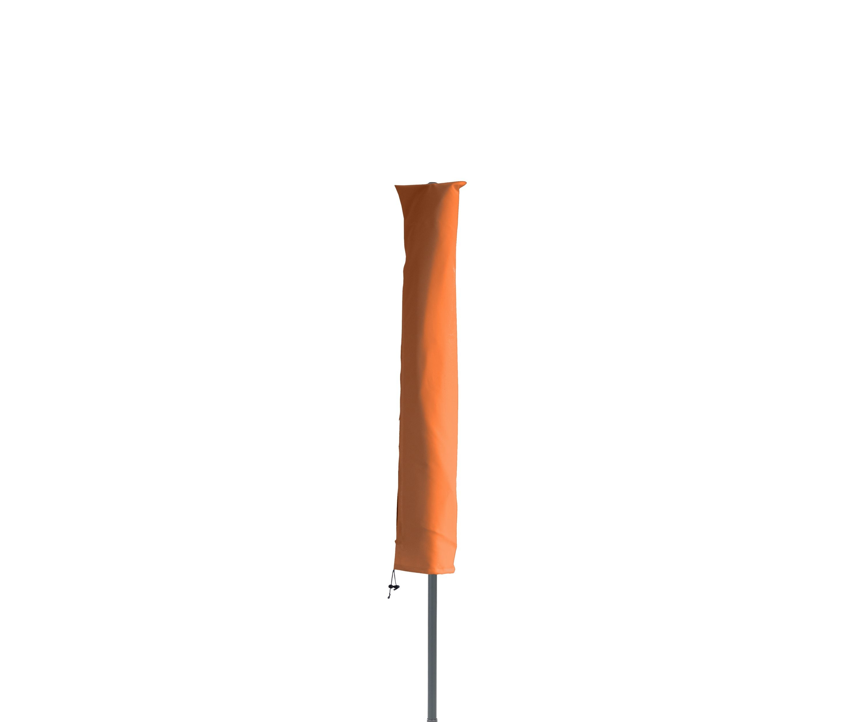 Orange Schutzhülle über einem Sonnenschirm, entlang einer grauen Stange.
