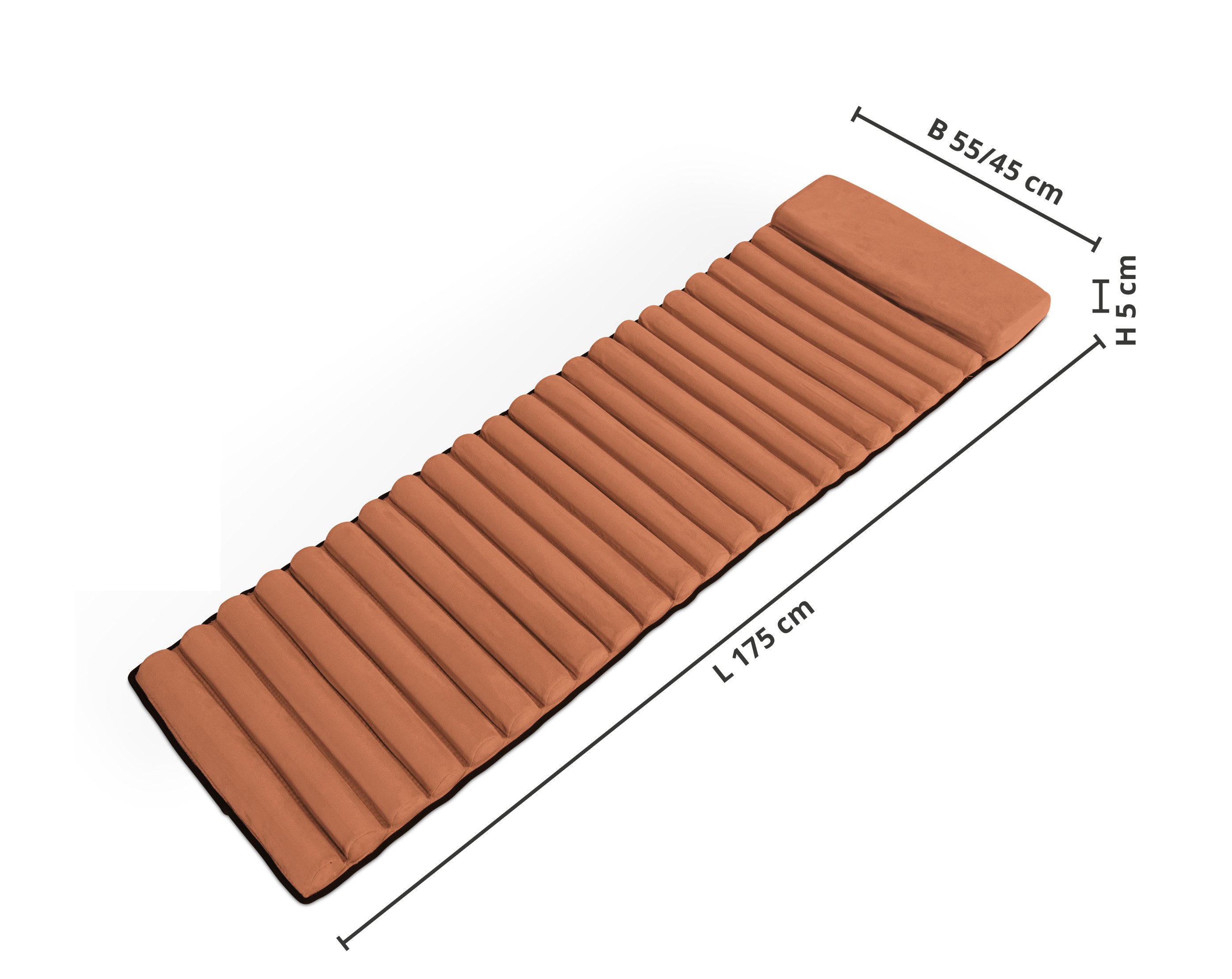 Braune, gepolsterte Auflage, B 55/45 cm, L 175 cm, H 5 cm, rechteckig, mit gerippten Segmenten und Schlaufe.