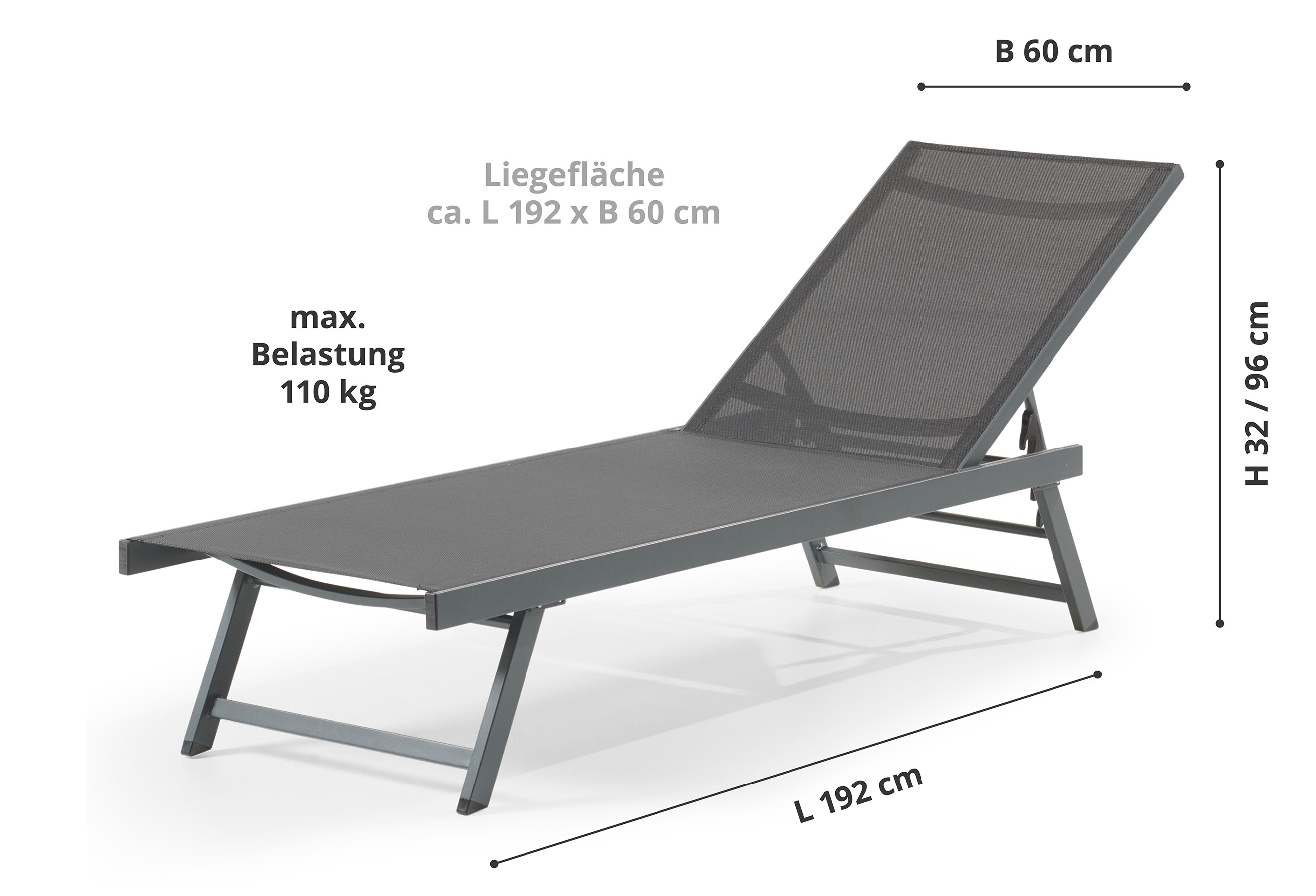 Grau liege mit verstellbarer Rückenlehne, Maße 192x60 cm, max. Belastung 110 kg, Höhe 32-96 cm.