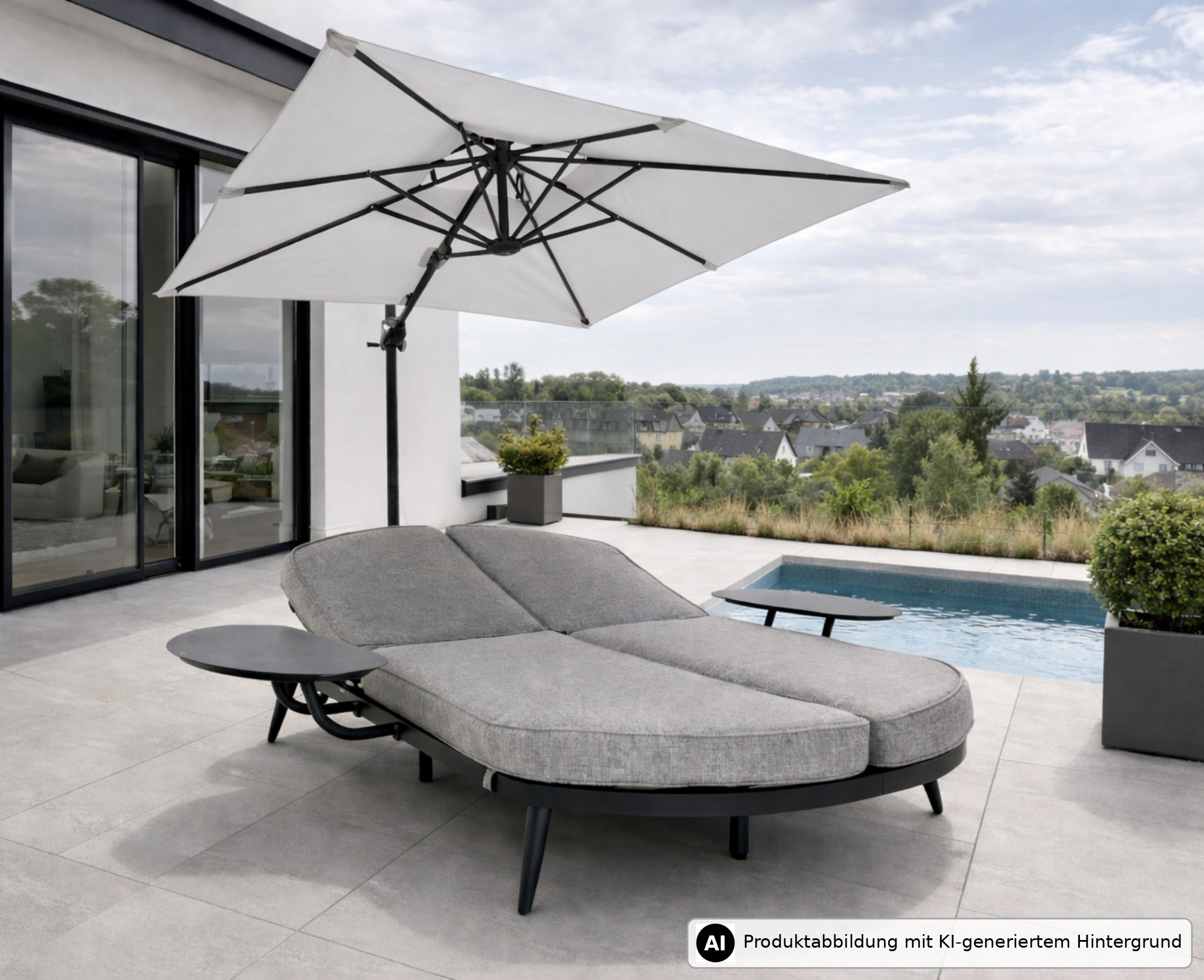 Gartenmöbel mit grauem Doppel-Liegestuhl und Sonnenschirm auf Terrasse neben Swimmingpool.